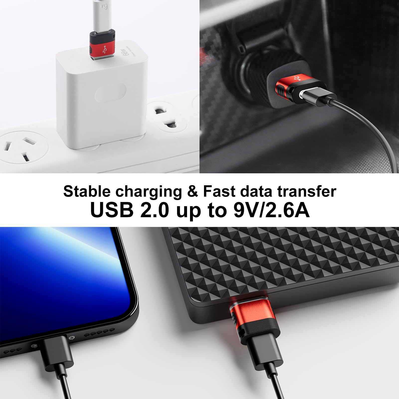 6-Pack USB A to USB C Adapter - USB 3.0 to Type C Converter for iPhone 16/15, iPad, AirPods, MacBook, Laptop & Charger - OTG Compatible (Red) - Perfect for Travel, Office & Home Charging