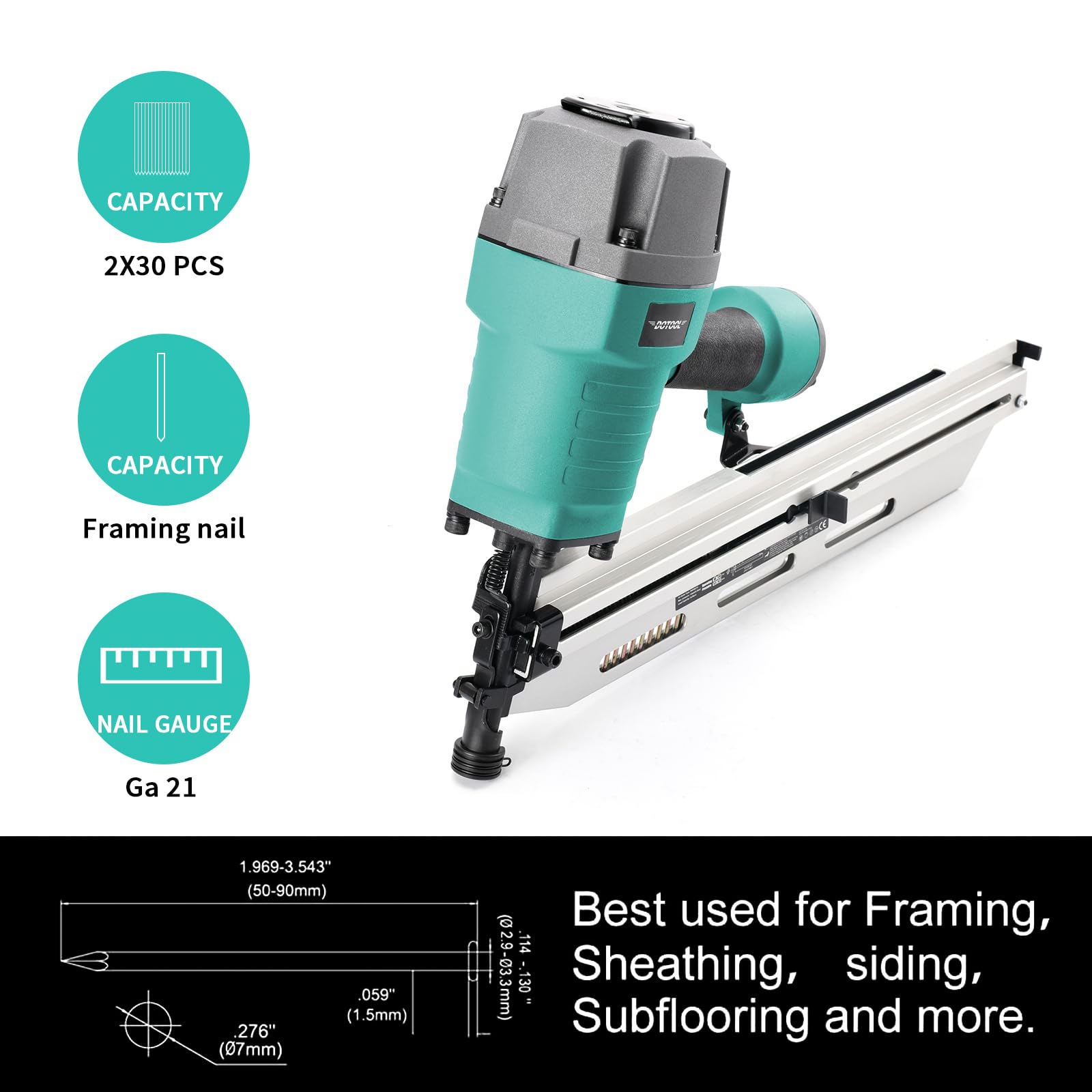 21 Degree Framing Nail Gun - Pneumatic Air Nailer with Tool-Less Depth Adjustment (2-Inch to 3-1/2-Inch) for Wall Sheathing, Siding Mount | Perfect for Roofing, Deck Building & Wood Framing Projects