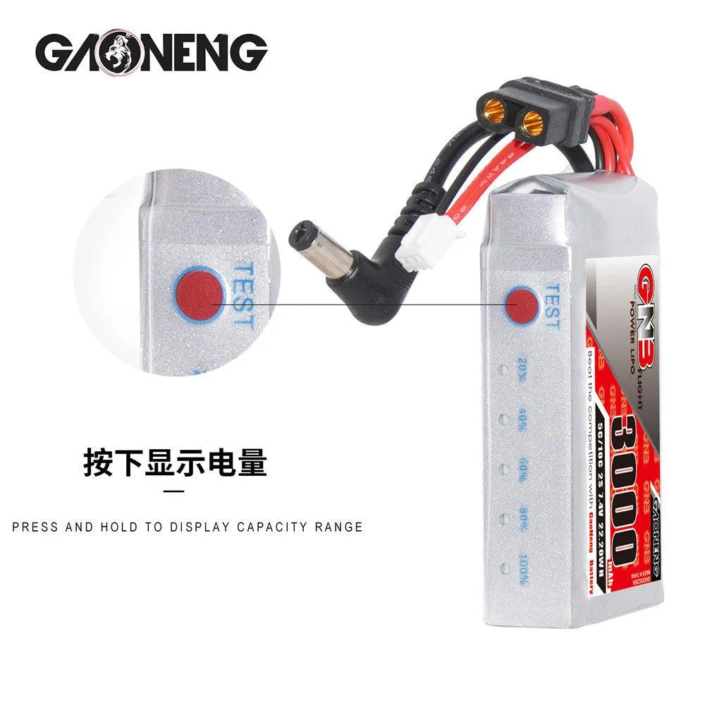 GAONENG 3000mAh 2S 7.4V LiPo Battery with XT60 Plug & DC 5.5*2.1mm Connector - Compatible with Fat Shark HD Goggles, FPV Drones, and RC Cars - Perfect for Extended Flight Time and High-Performance RC Applications