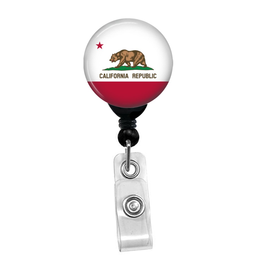 California Flag Retractable ID Badge Reel - Custom Name Tag Holder with Belt Clip for Nurses, Teachers & Security (Black Badge Holder for Work, Conventions & Events)