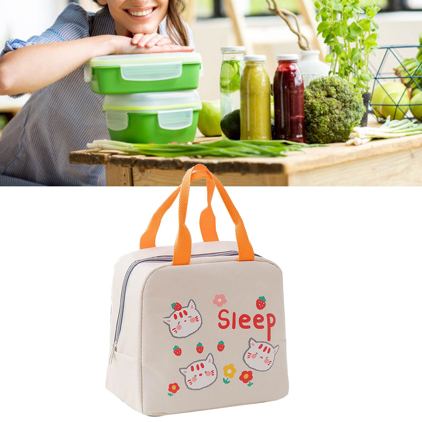 **Insulated Waterproof Lunch Bag with Oxford Cloth & Cartoon Zipper - Keeps Food Warm & Fresh - Portable Reusable Lunch Tote for Work, School, Office - Ideal for Women & Men (Beige)**