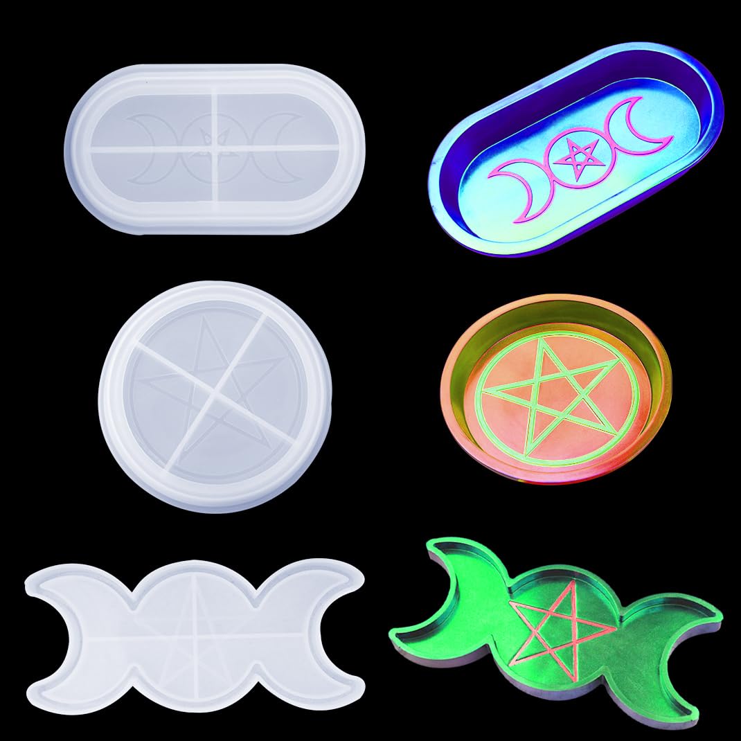 iSuperb 3-Piece Crescent Moon Silicone Mold Set for Epoxy Resin Casting - Oval & Round Dish Molds with Pentagram Design - Perfect for DIY Ashtrays, Jewelry Dishes, Soap Holders & Home Decor Crafts (3-Pack)