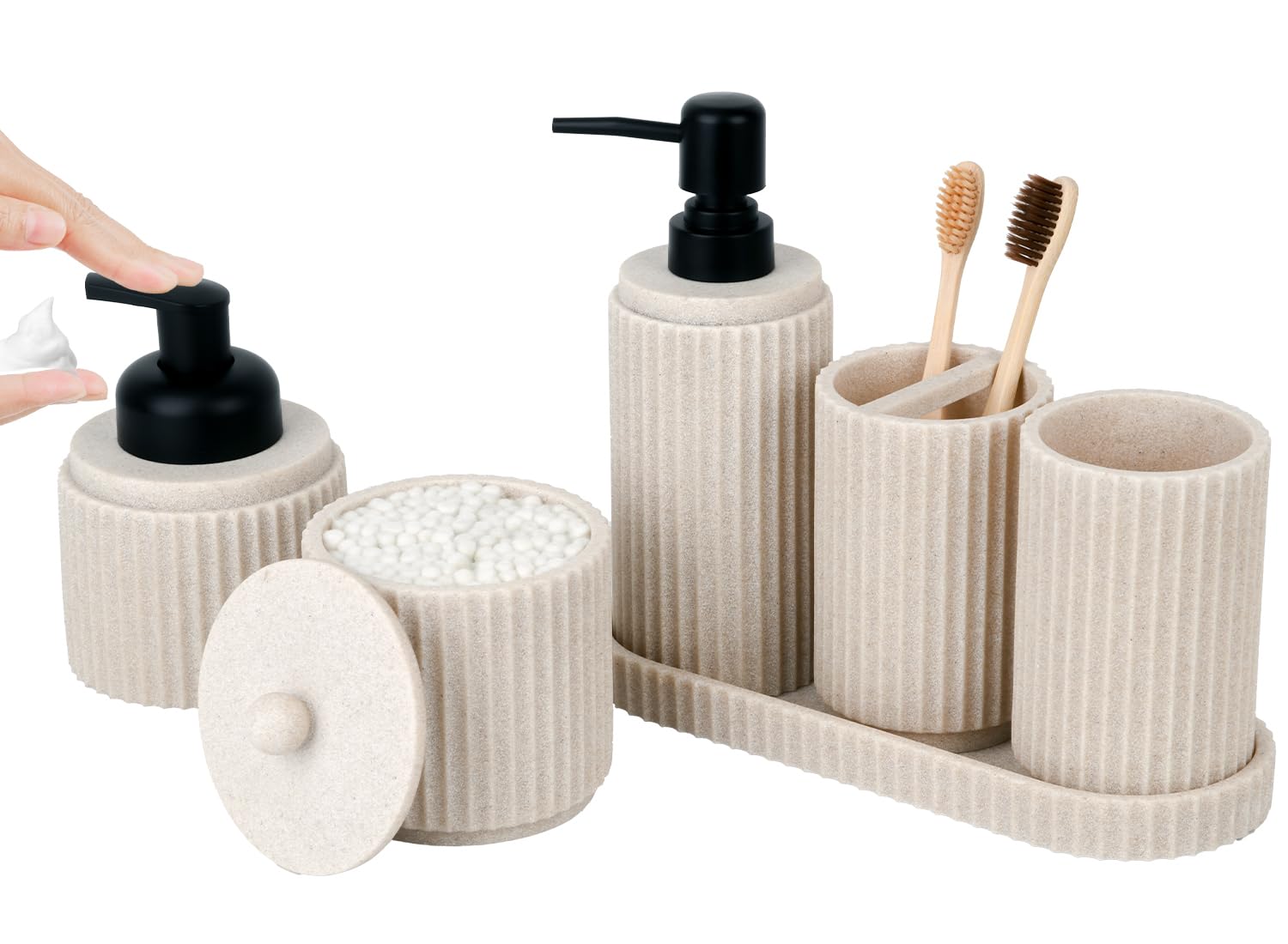 Beige Bathroom Accessory Set - 6 Piece Modern Vanity Organizer with Toothbrush Holder, Soap Dispenser, Q-Tip Jar & Tray - Spa Style Countertop Decor for Master Bath & Guest Room