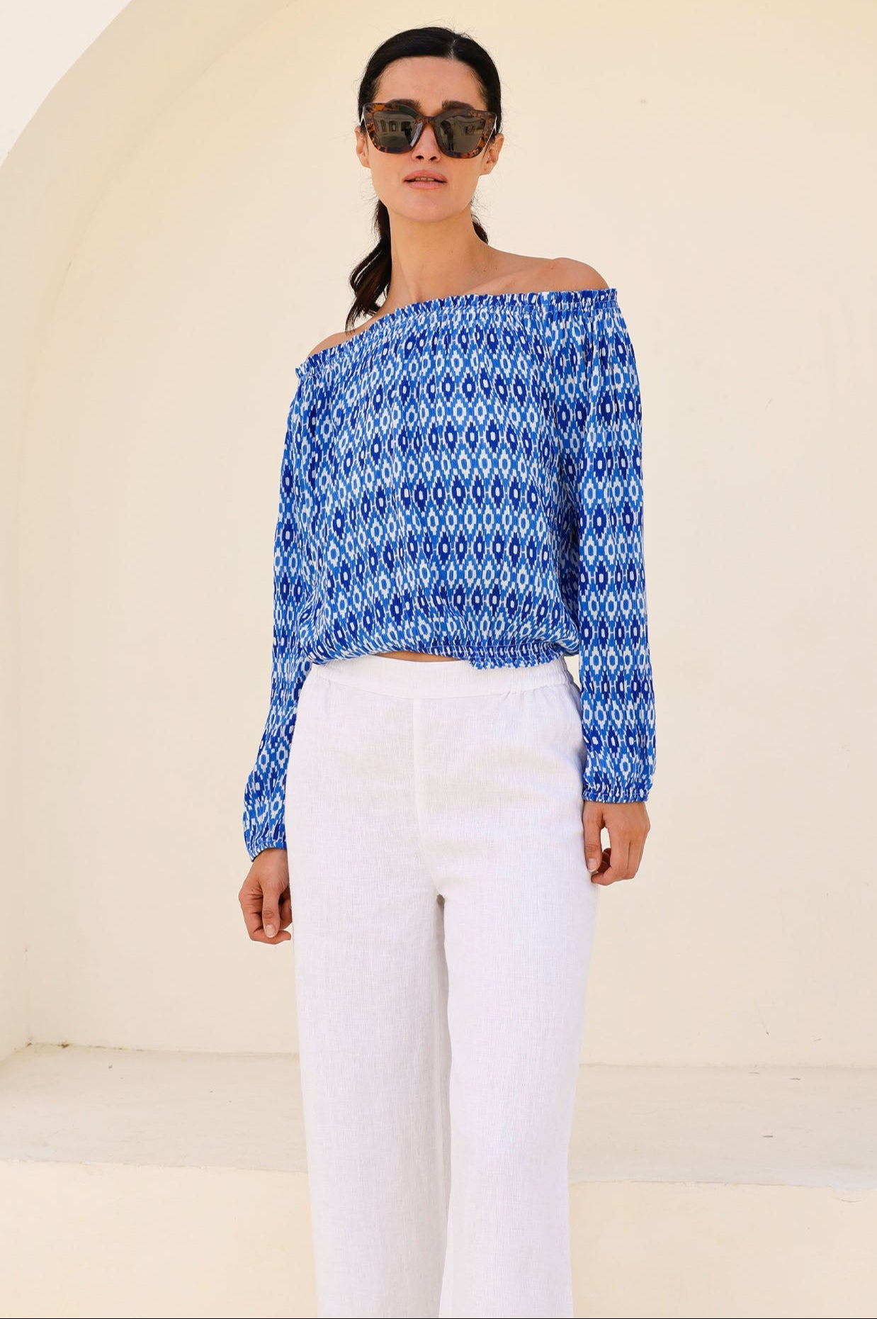 Ilana Long Sleeve Frill Top Women's Blouse - Aztec Blue & White Boho Chic Shirt for Casual Wear, Date Night & Office Outfits