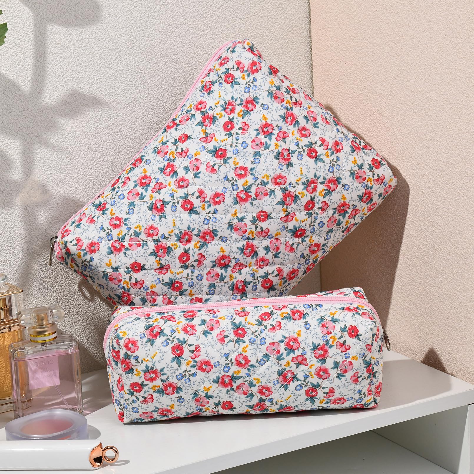 2 Pcs Quilted Floral Cosmetic Bags for Women - Large Cotton Travel Makeup Organizer, Puffer Toiletry Pouch for Girls - Perfect for Travel, Gym & Daily Beauty Essentials Storage