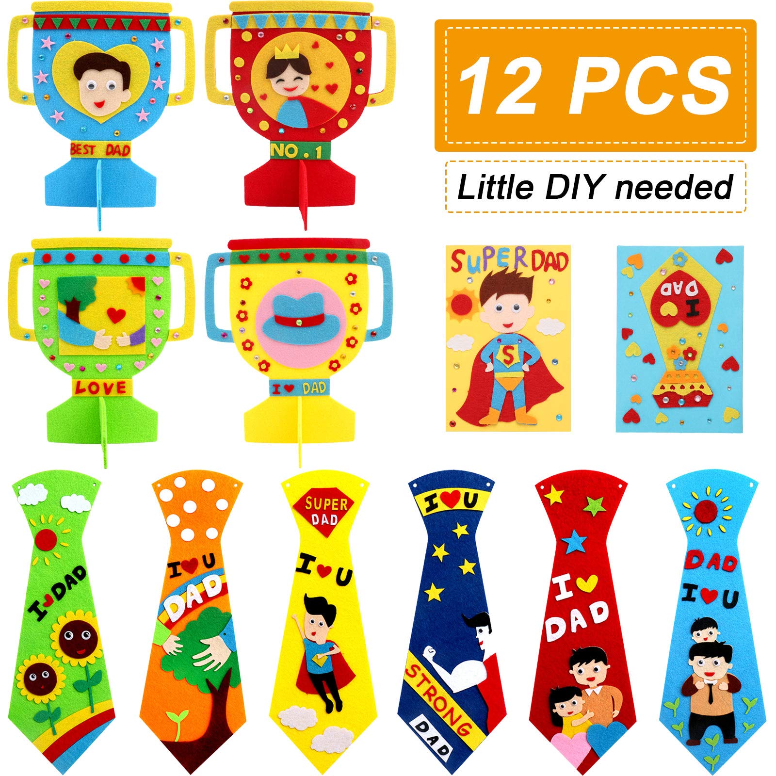 Tatuo 12 Sets Father's Day DIY Craft Kit for Kids - Fun Felt Handicraft Supplies with Ties, Trophies & Certificates - Creative Classroom Activity & Gift Making for Boys and Girls - Perfect for School Projects, Family Bonding & Holiday Celebrations
