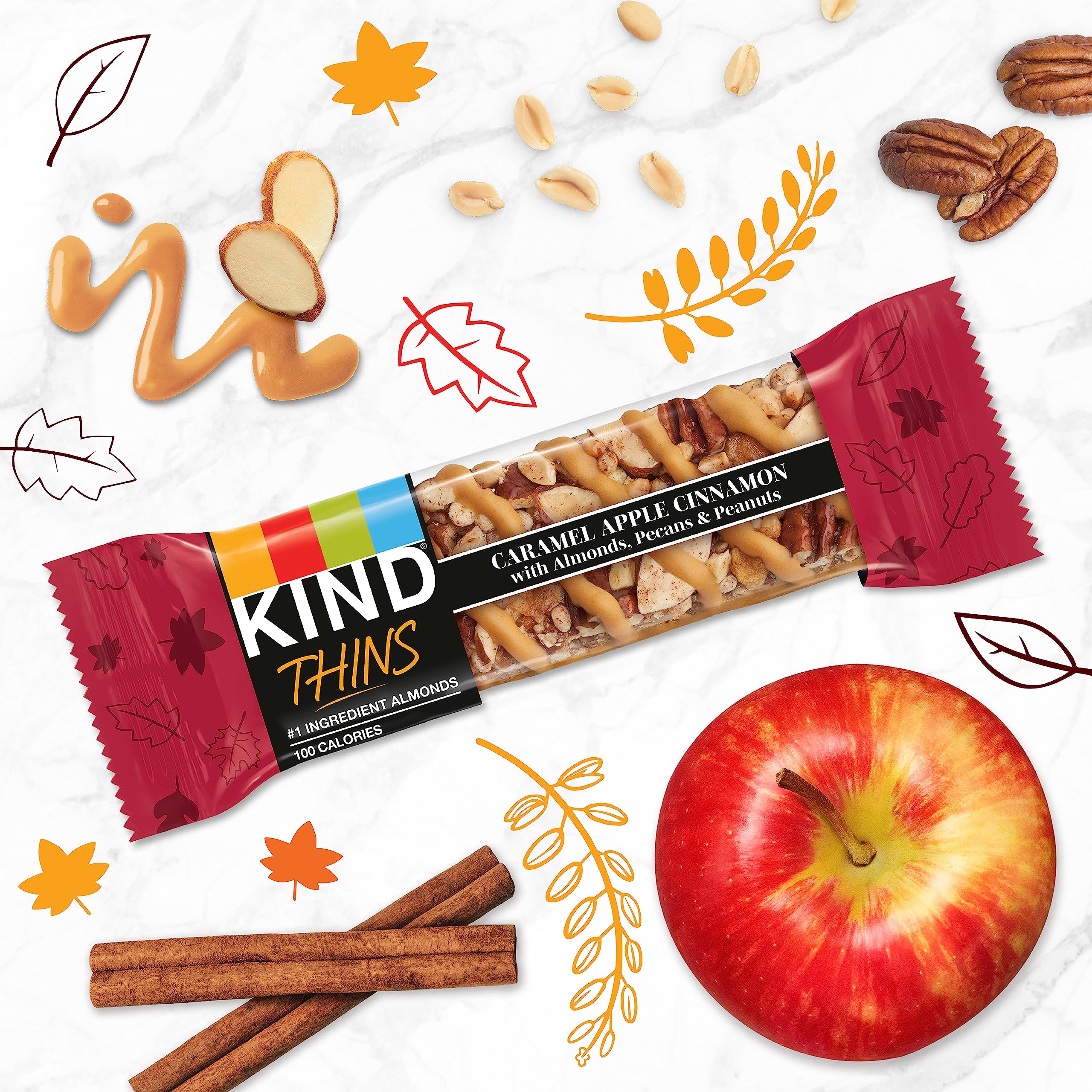 KIND THINS Caramel Apple Cinnamon Snack Bars with Almonds, Pecans & Peanuts - Gluten Free, 100 Calorie Healthy Snacks - 10 Bars Pack - Perfect for On-the-Go, Office & School Lunch