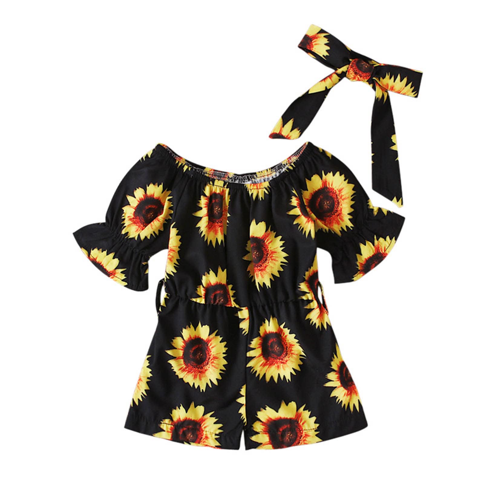 Baby Girls' 2-Piece Floral Printed Romper Set with Bow Tie & Short Sleeves - Cute Toddler Outfits for Summer Playdates, Birthday Parties & Photo Shoots