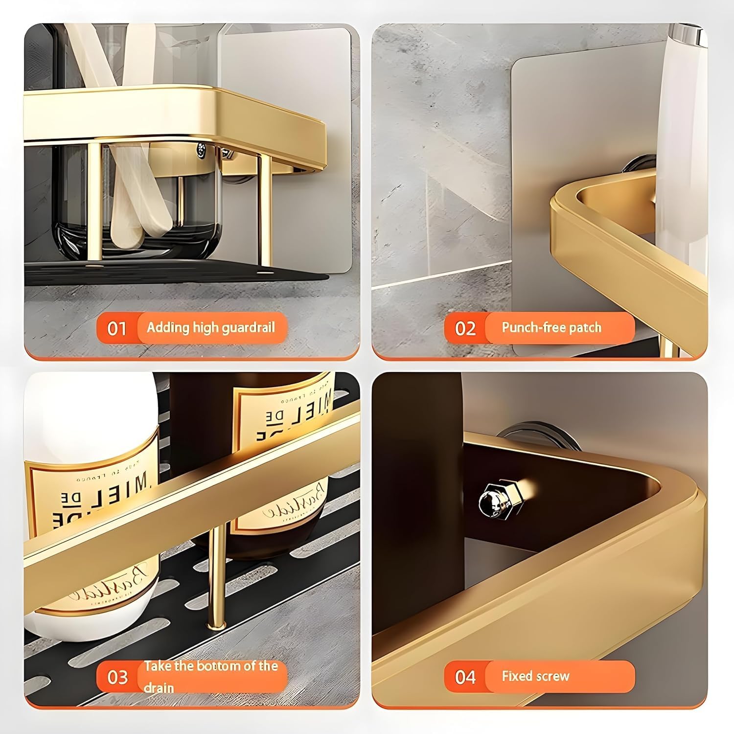Multipurpose Self-Adhesive Aluminum Bathroom Wall Shelf Organizer - Gold (2 Pack) | Space-Saving Storage Rack for Bathroom, Kitchen, Office & Dorm | Holds Toiletries, Cosmetics, Spices & Office Supplies