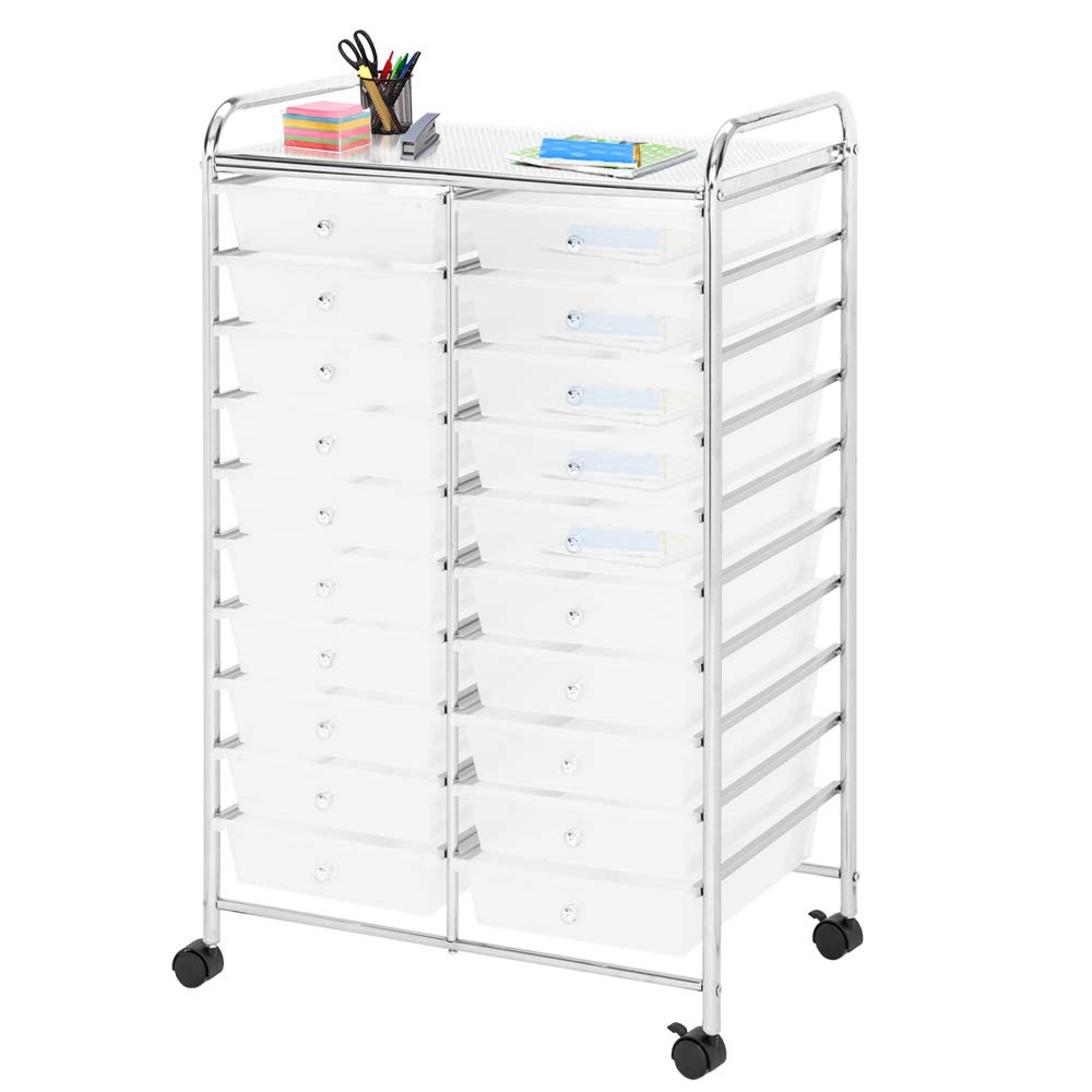 MengK Clear 20-Drawer Rolling Organizer Cart with Wheels - Plastic Storage Cabinet for Office, Bedroom, Bathroom & Craft Room Organization