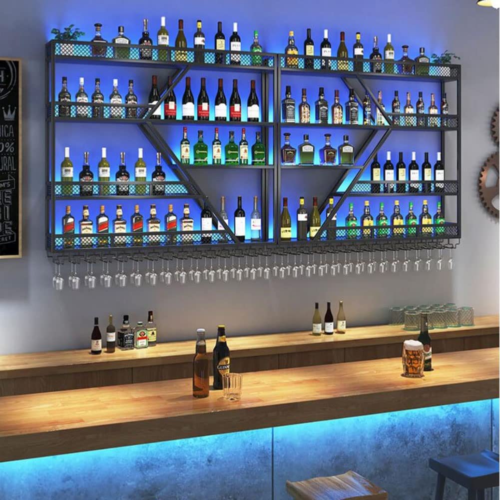 Modern Wall Mounted Wine Rack with LED Lights - Iron Metal Wine Bottle & Glass Holder, Floating Bar Shelves for Living Room, Restaurant, Kitchen Decor | Space-Saving Wine Storage Solution for Home Bars & Entertaining Areas (Black)