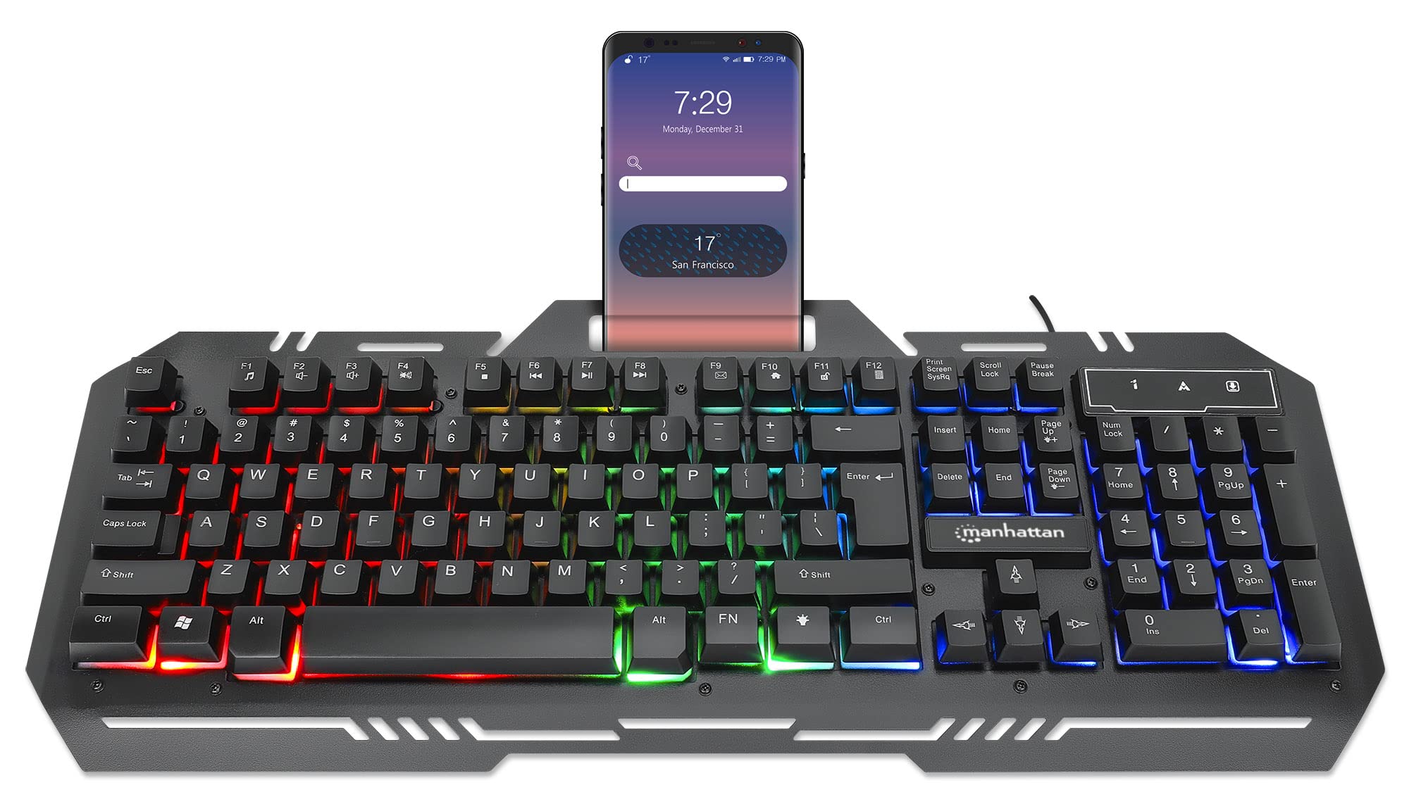 RGB Backlit Wired Gaming Keyboard with Metal Base & Splashproof Design - Quiet Mechanical Keys, Phone Holder & Multimedia Controls for PC, Computer, Desktop - Perfect for Gamers, Office Work & Streaming - 3 Year Warranty (Model: 180610)