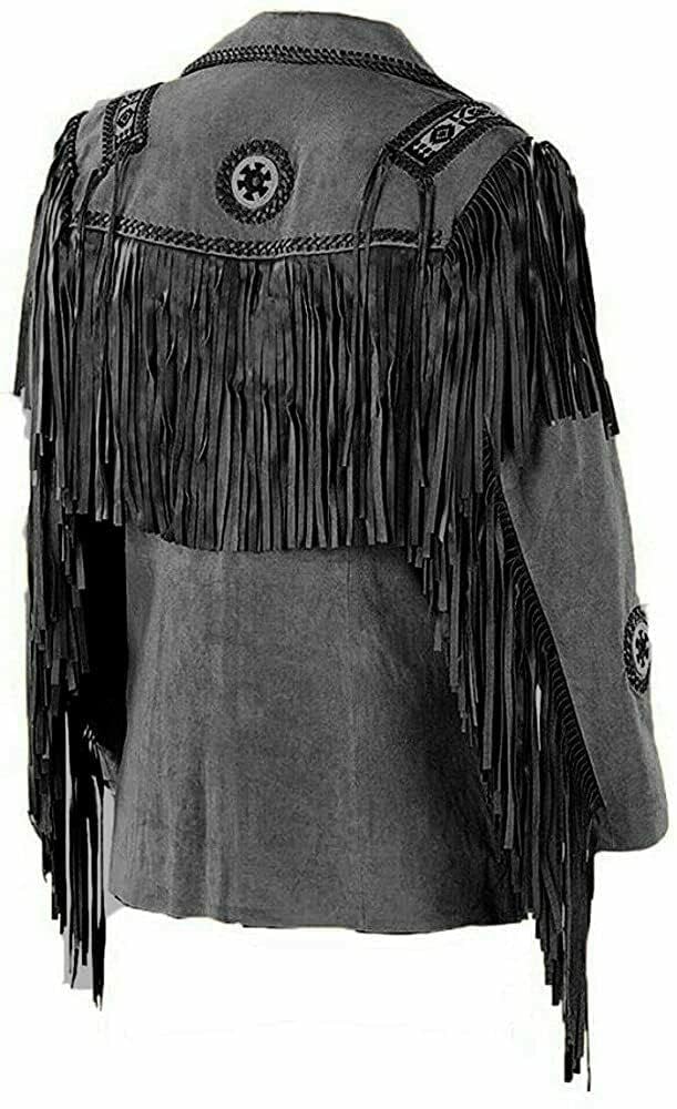 Men's Western Cowboy Jacket with Fringed Beads - Native American Style Suede Leather Coat for Rodeo, Halloween & Western Fashion