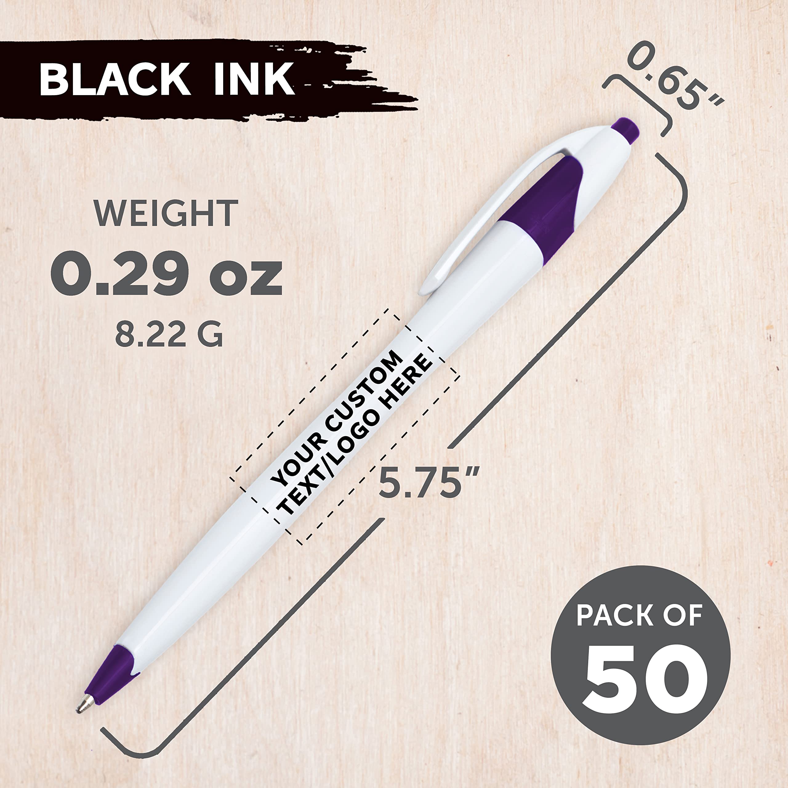 Custom Slim Curvy Ballpoint Pens - 50 Pack Bulk Personalized Promotional Pens with Black Ink | Retractable Office & School Supplies | Perfect for Business Gifts, Tradeshows, Branding Events (Purple)