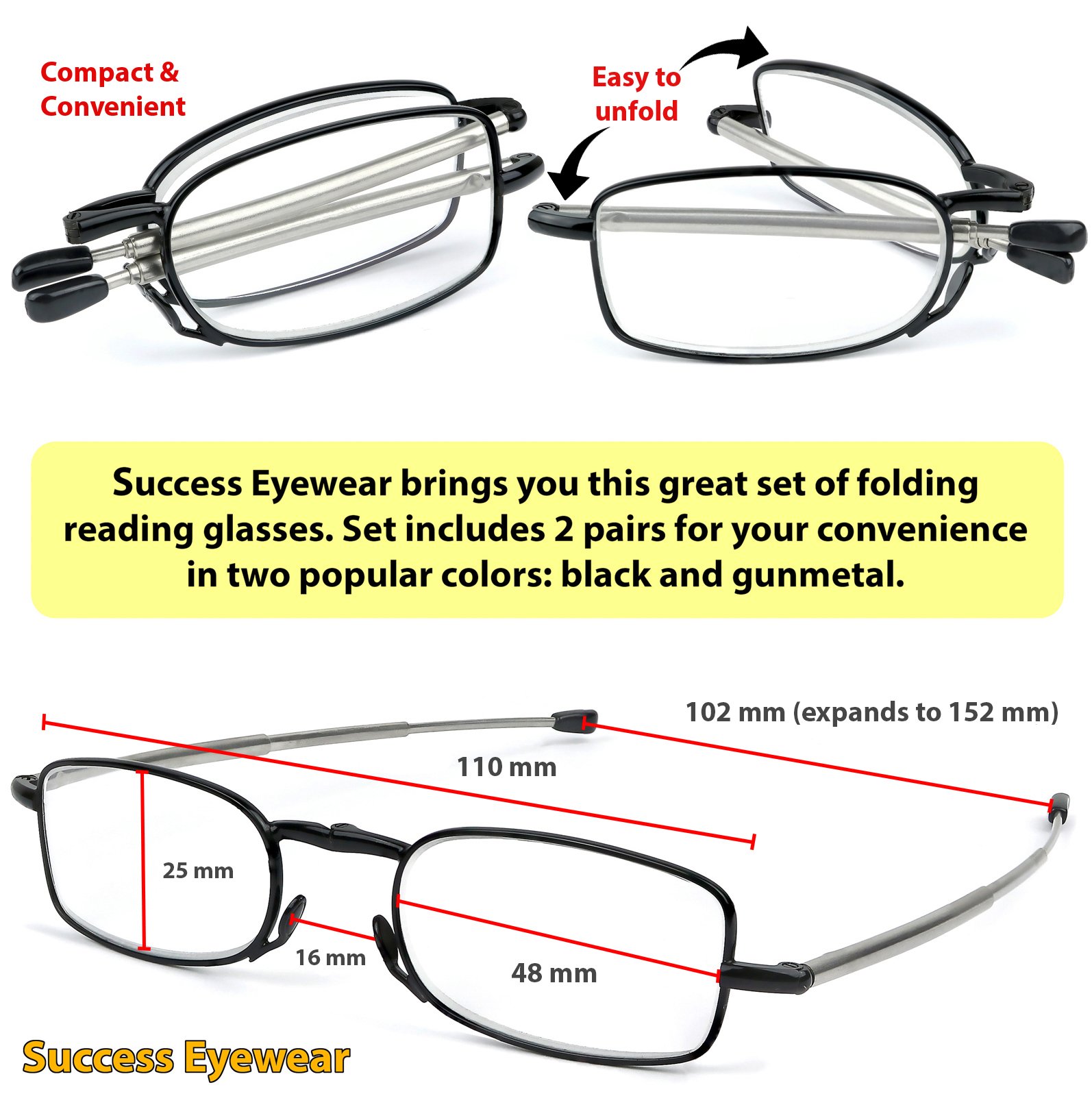 Success Eyewear Reading Glasses 2-Pack - Black & Gunmetal Folding Readers with Case | Unisex Compact Eyeglasses for Reading, Travel, Office & Daily Use