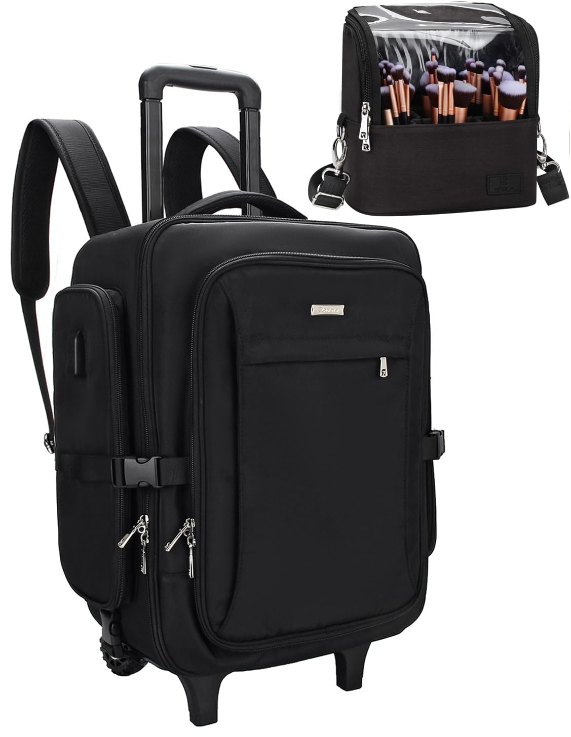 Relavel Professional Rolling Makeup Case with Wheels & Brush Bag - Extra Large Cosmetic Train Case for Makeup Artists - Perfect for Travel, Salon & On-the-Go Beauty Professionals