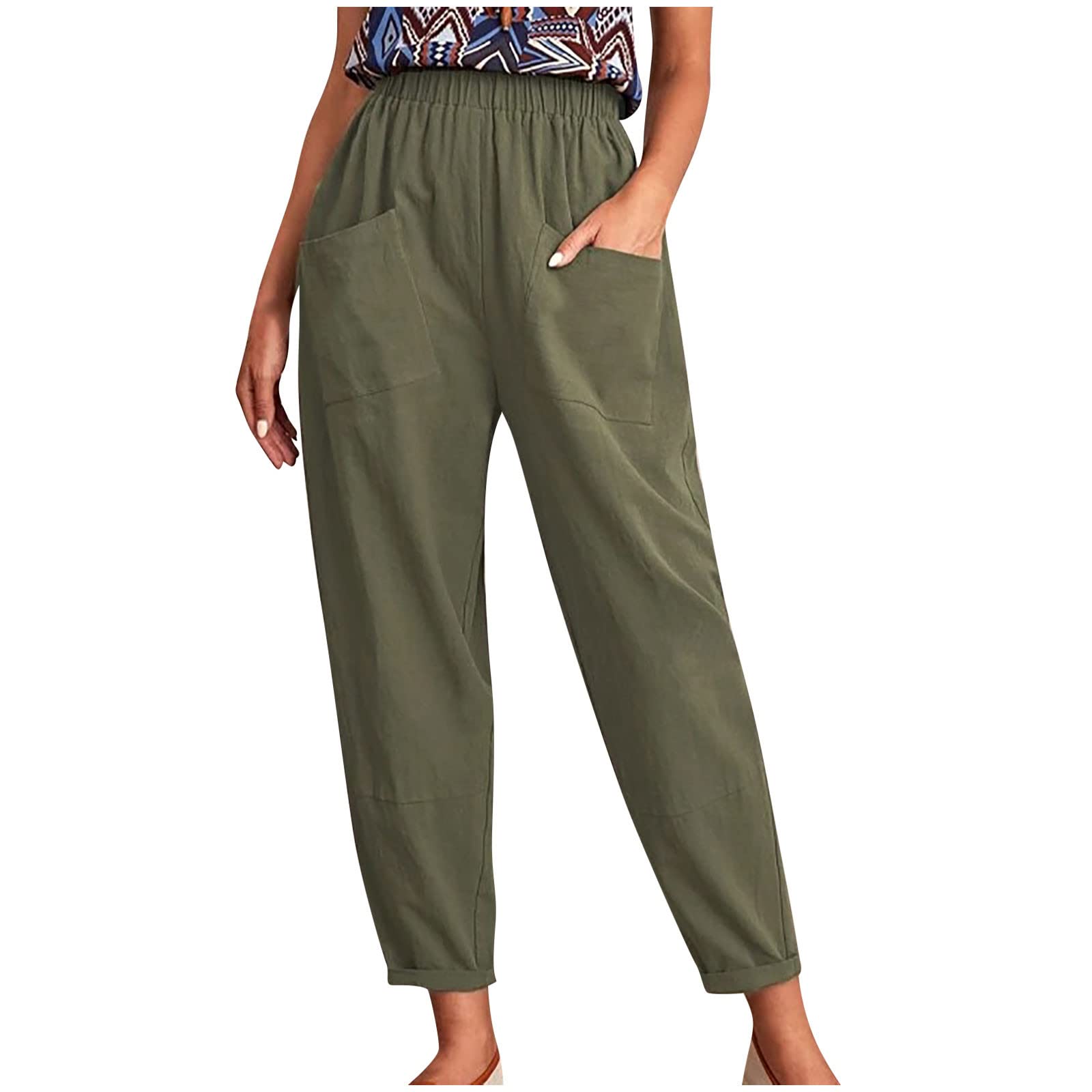 BLVB Women's Casual Cotton Linen Sweatpants - Elastic Waist, Cropped Straight Leg, Loose Fit Trousers for Lounge, Yoga & Everyday Wear