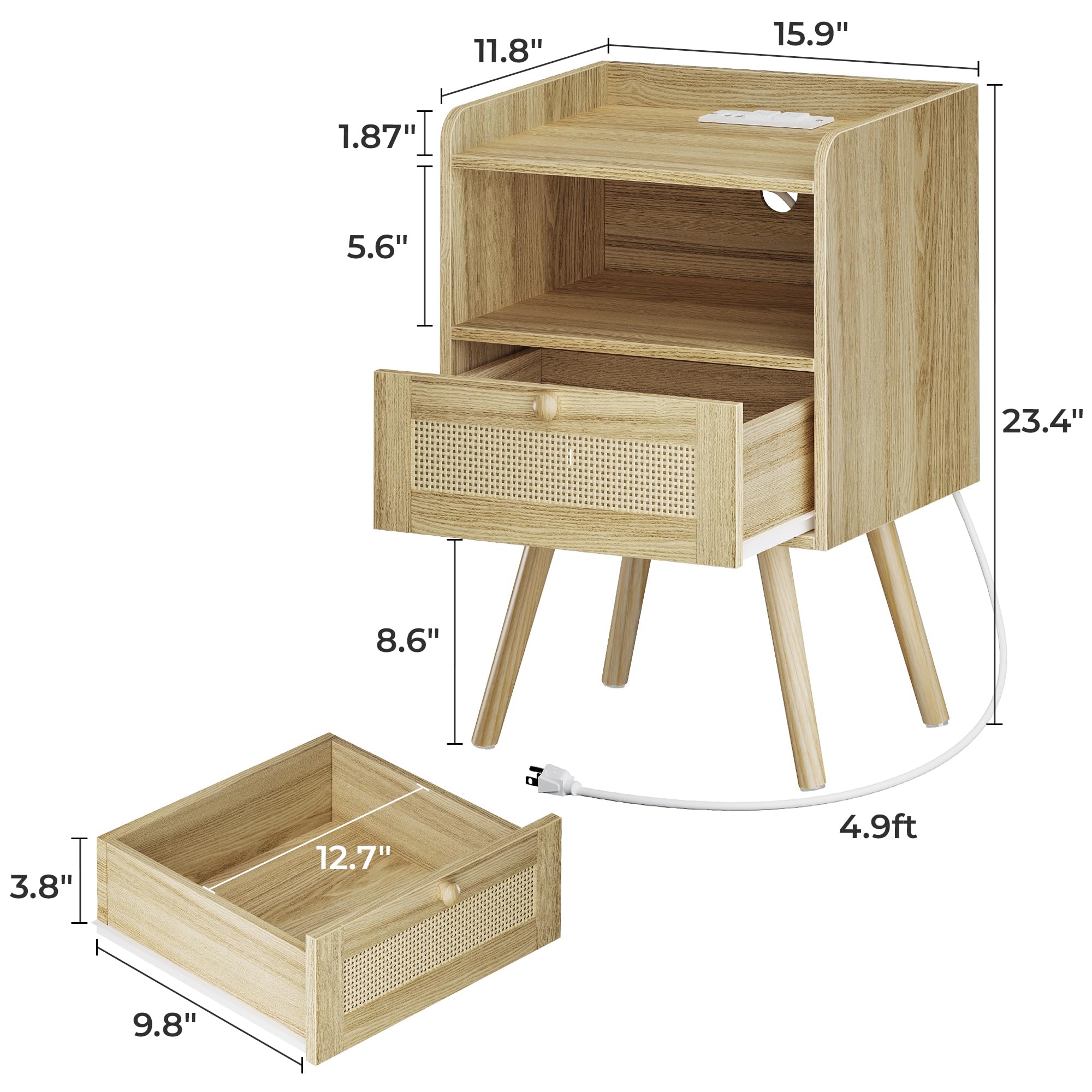 Premium Nightstands Set of 2 with USB Charging Station & Rattan Drawers - Solid Wood Bedside Tables with PE Woven Decor for Bedroom, Living Room, Office - Natural Finish - Perfect for Small Spaces & Modern Home Decor