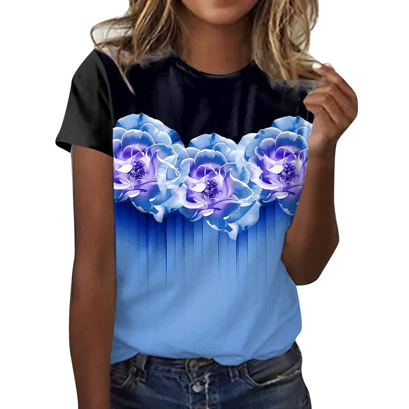 Plus Size Women's Cute Summer Tops - Floral Print O-Neck Short Sleeve T-Shirt & Casual Loose Blouse for Beach, Vacation & Everyday Wear