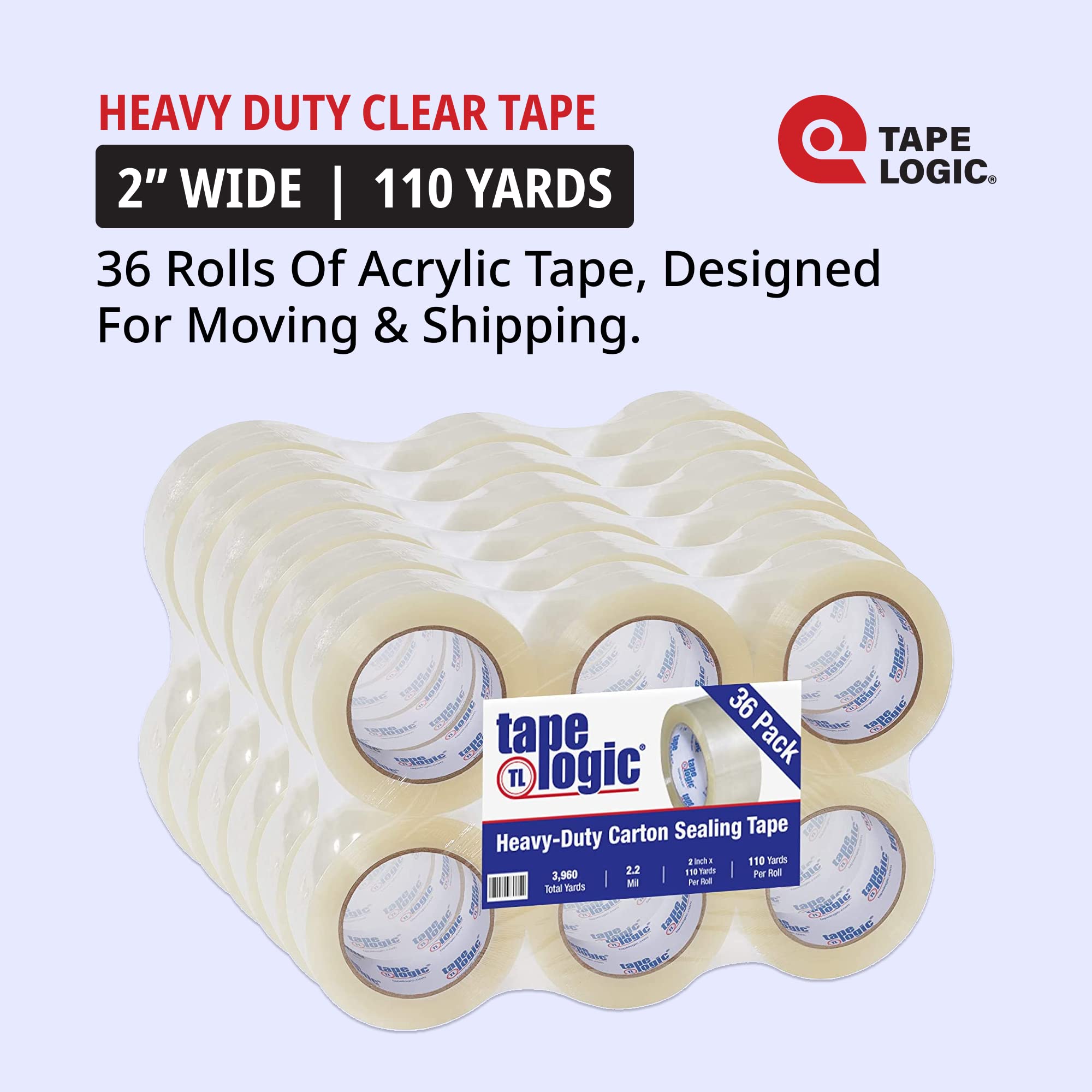 Tape Logic 2 Inch x 110 Yards Clear Acrylic Packing Tape - 2.2 Mil Thick (36 Rolls) | Heavy Duty Shipping Tape for Box Sealing | Ideal for Home Moving, Warehouse Packaging & Office Supplies | Perfect for Ecommerce Shipping, Storage Organization & Parcel Protection