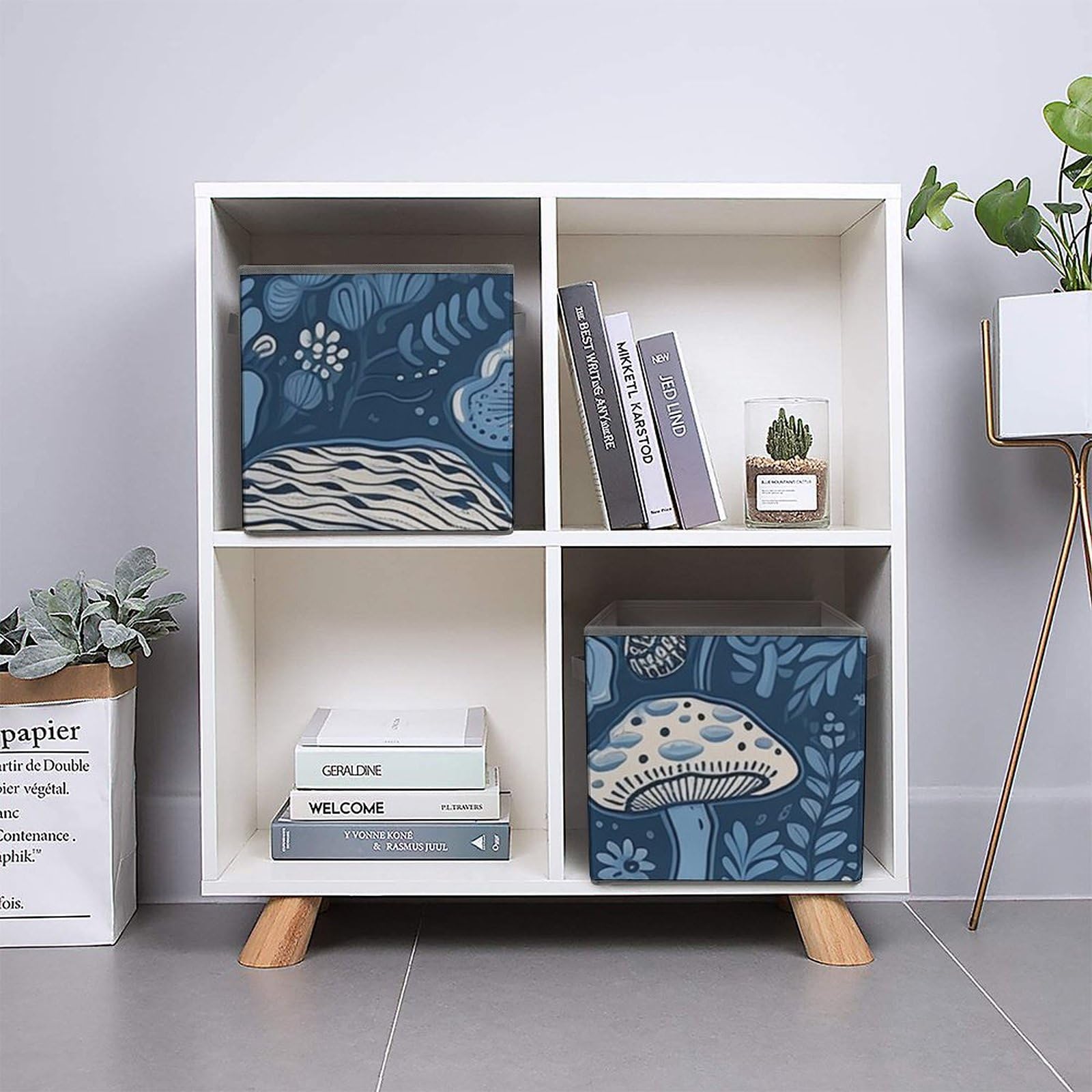 Collapsible Storage Bins with Handles - Blue Mushroom Printed Organizing Baskets for Home & Office