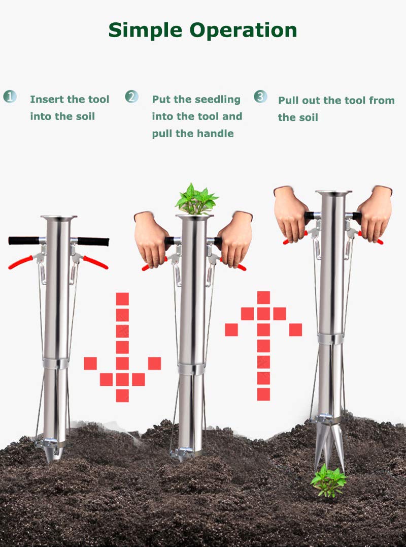 Stainless Steel Seedling Transplanting Tool with Long Handle & Pedal - Manual Bulb Planter for Vegetables, Young Plants - Ideal for Garden, Greenhouse & Home Planting Projects