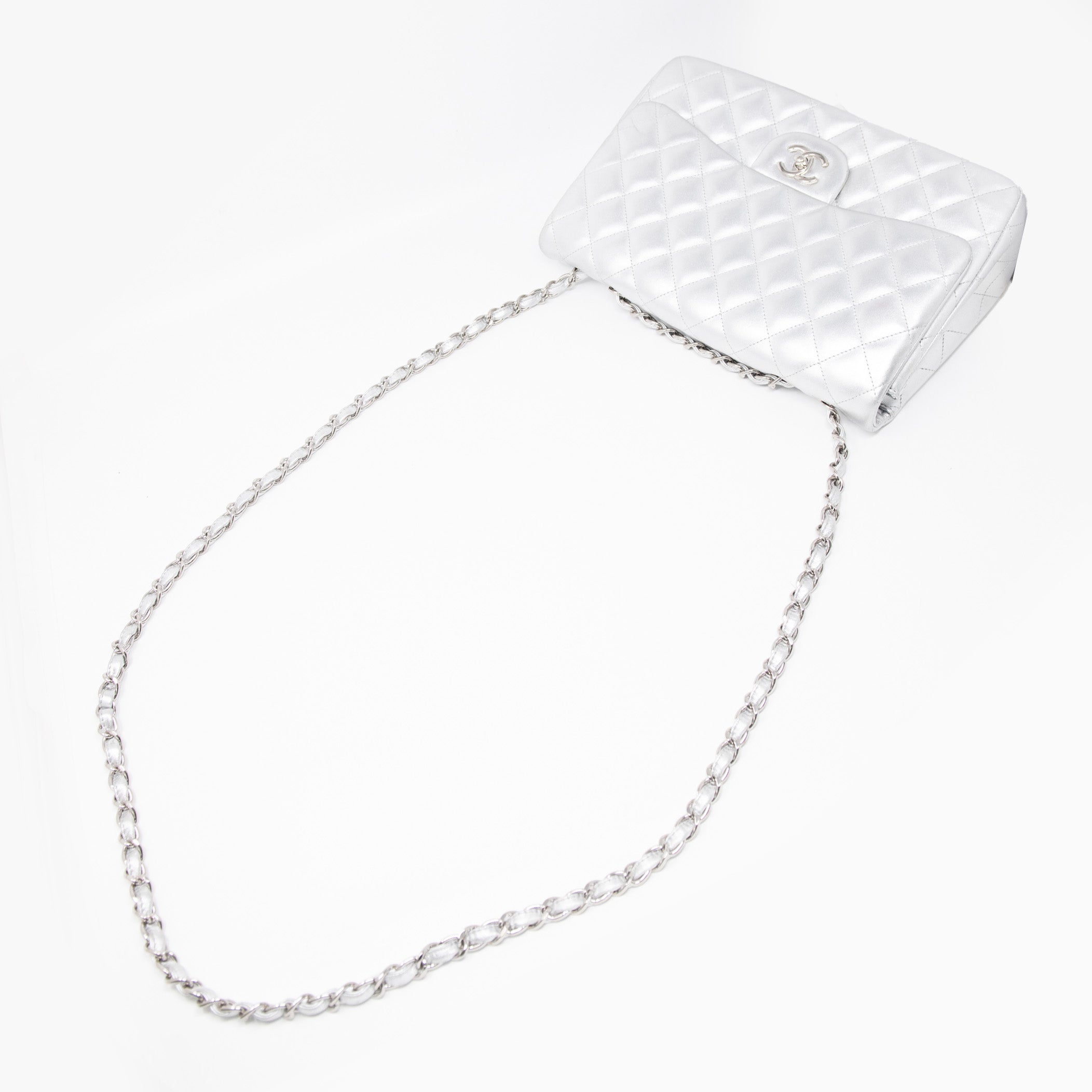 Chanel Metallic Silver Jumbo Flap Bag - Luxury Designer Handbag for Women | Perfect for Evening Parties, Date Nights & Special Occasions