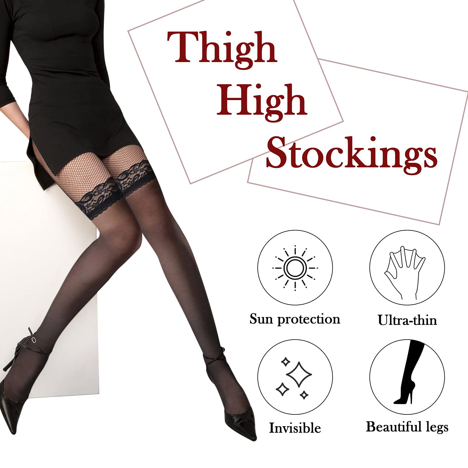 3 Pairs Women's Lace Thigh High Stockings - Anti-Slip Hold Up Semi-Sheer Silk Tights for Women & Teens - Valentine's Day Gift, Date Night, Party Wear, Cosplay Costume Accessories