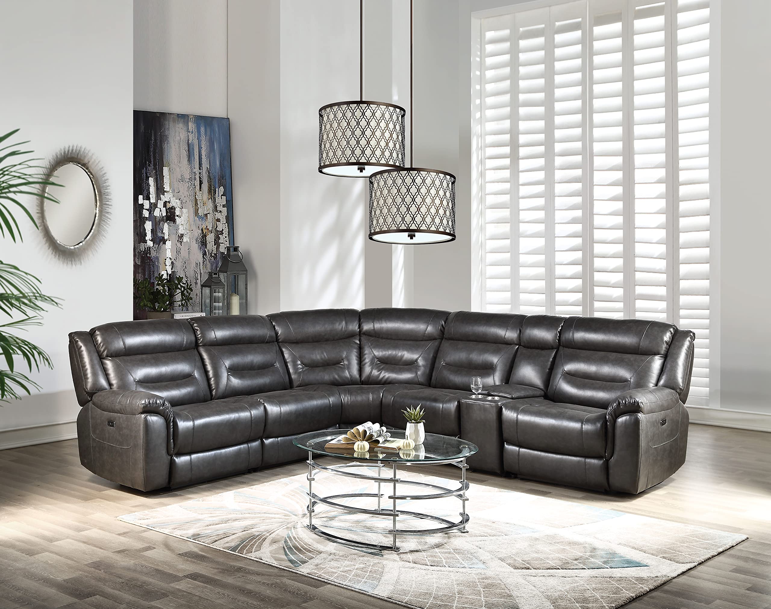 Modern Power Reclining Sectional Sofa with USB Charging Ports, Storage Consoles & Cup Holders - Leather Symmetrical Recliner Couch for Living Room, Home Theater & Family Gatherings