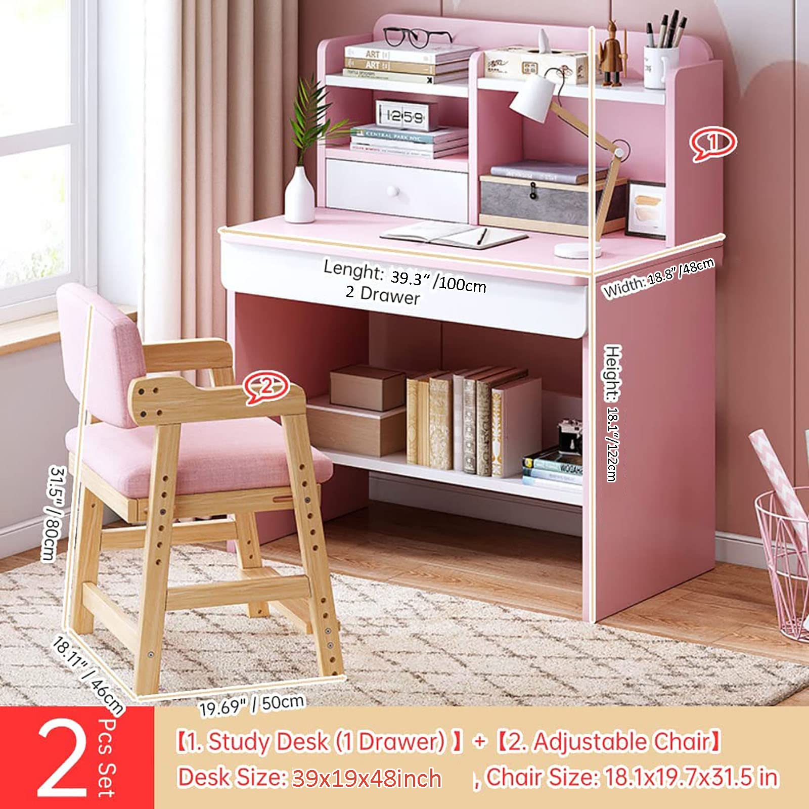 QQXX Adorable Wooden Study Desk and Chair Set with Hutch & Drawers - Kids Study Table Computer Workstation for Boys & Girls - Perfect for Homeschooling, Online Learning & Home Office Use