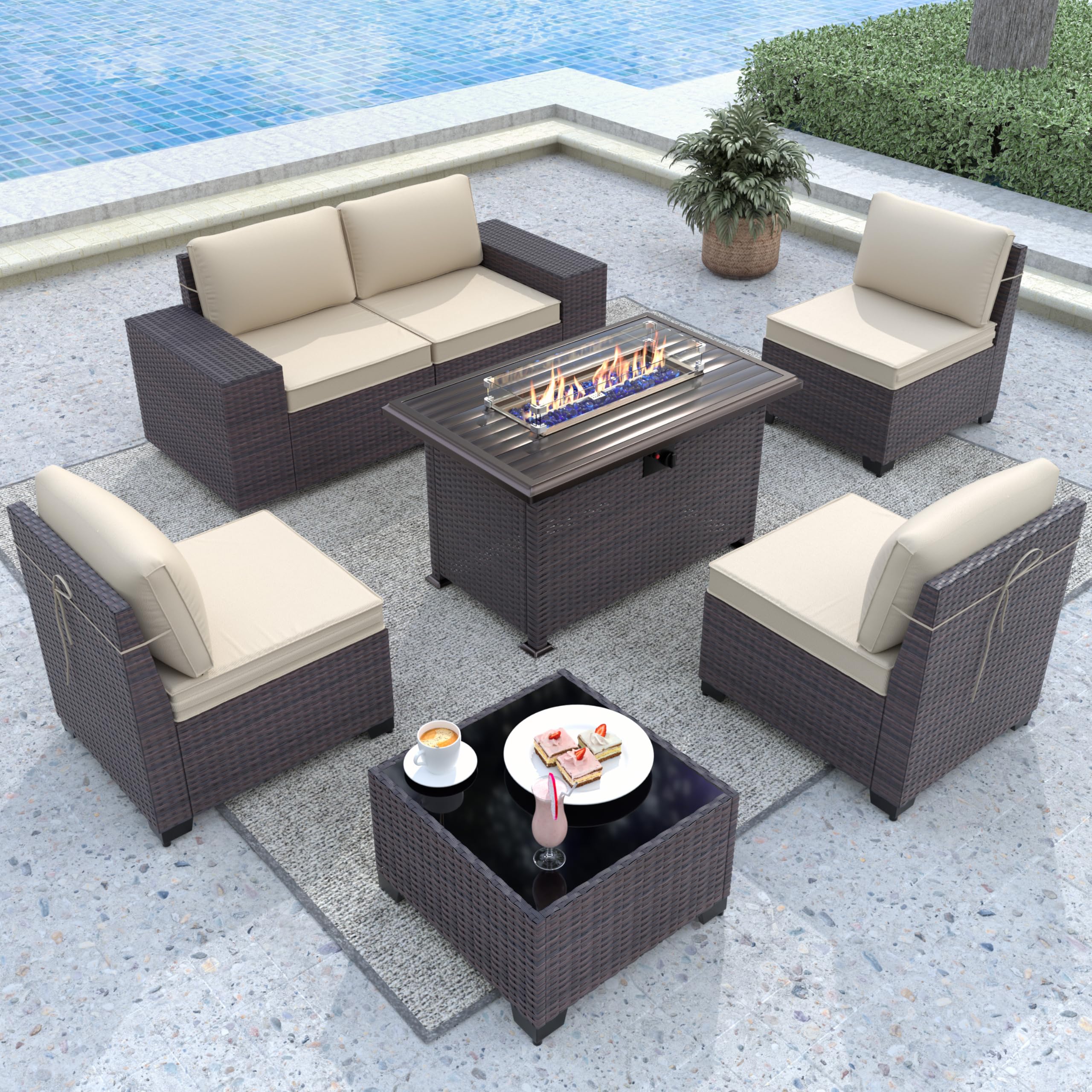 Gotland 7-Piece Outdoor Patio Furniture Set with 43-inch Gas Fire Pit Table - 55,000 BTU Propane Sectional Sofa Set with Auto-Ignition & Glass Wind Guard - Perfect for Backyard, Garden, Poolside & Outdoor Entertaining