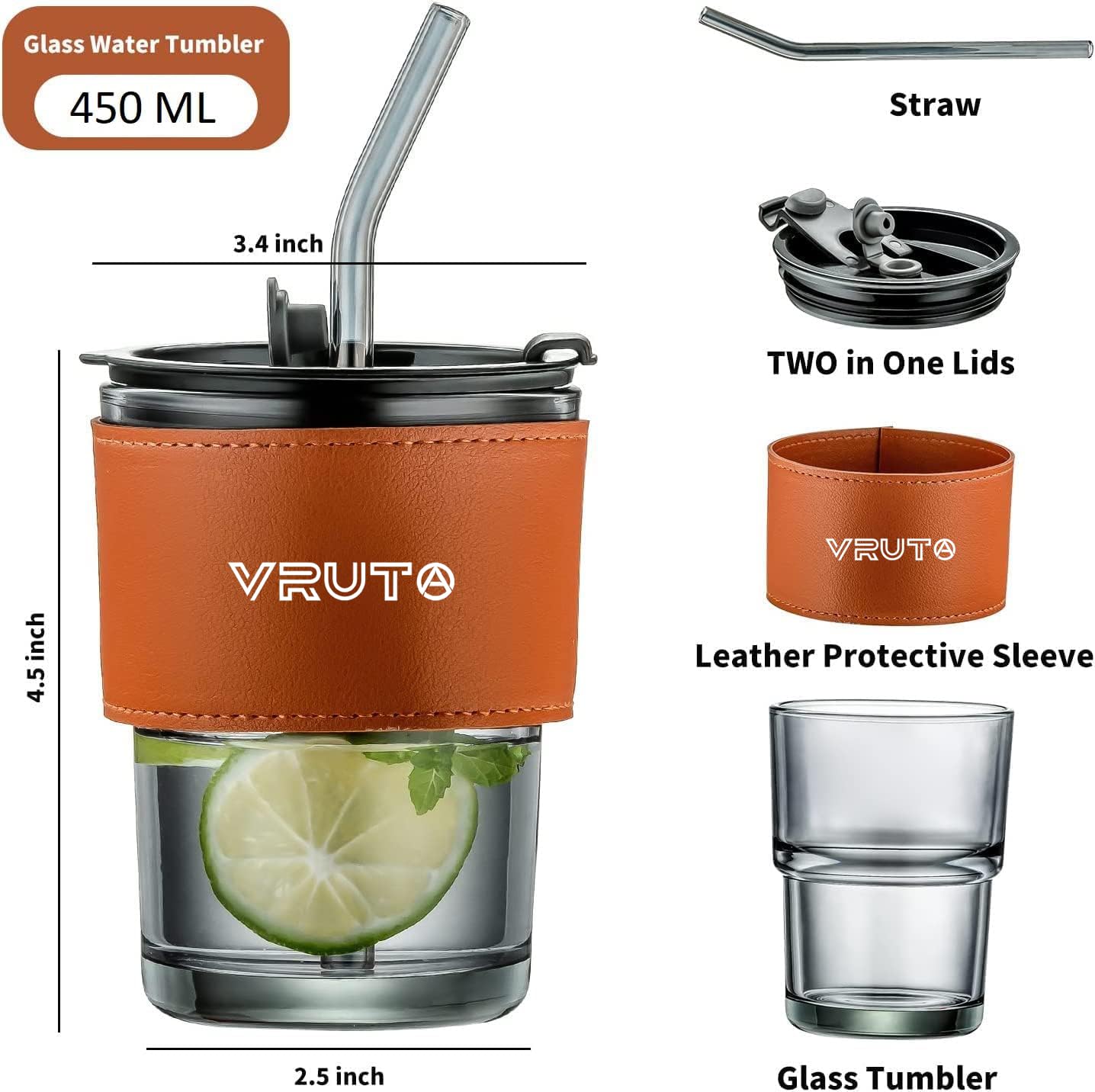 VRUTA Insulated Leather Grip Coffee Tumbler with Lid & Silicone Straw - 16oz Double Wall Glass Travel Mug for Hot/Cold Drinks - Perfect for Coffee, Tea, Juice - Office, Commute, Camping, Gift (1 Pack)