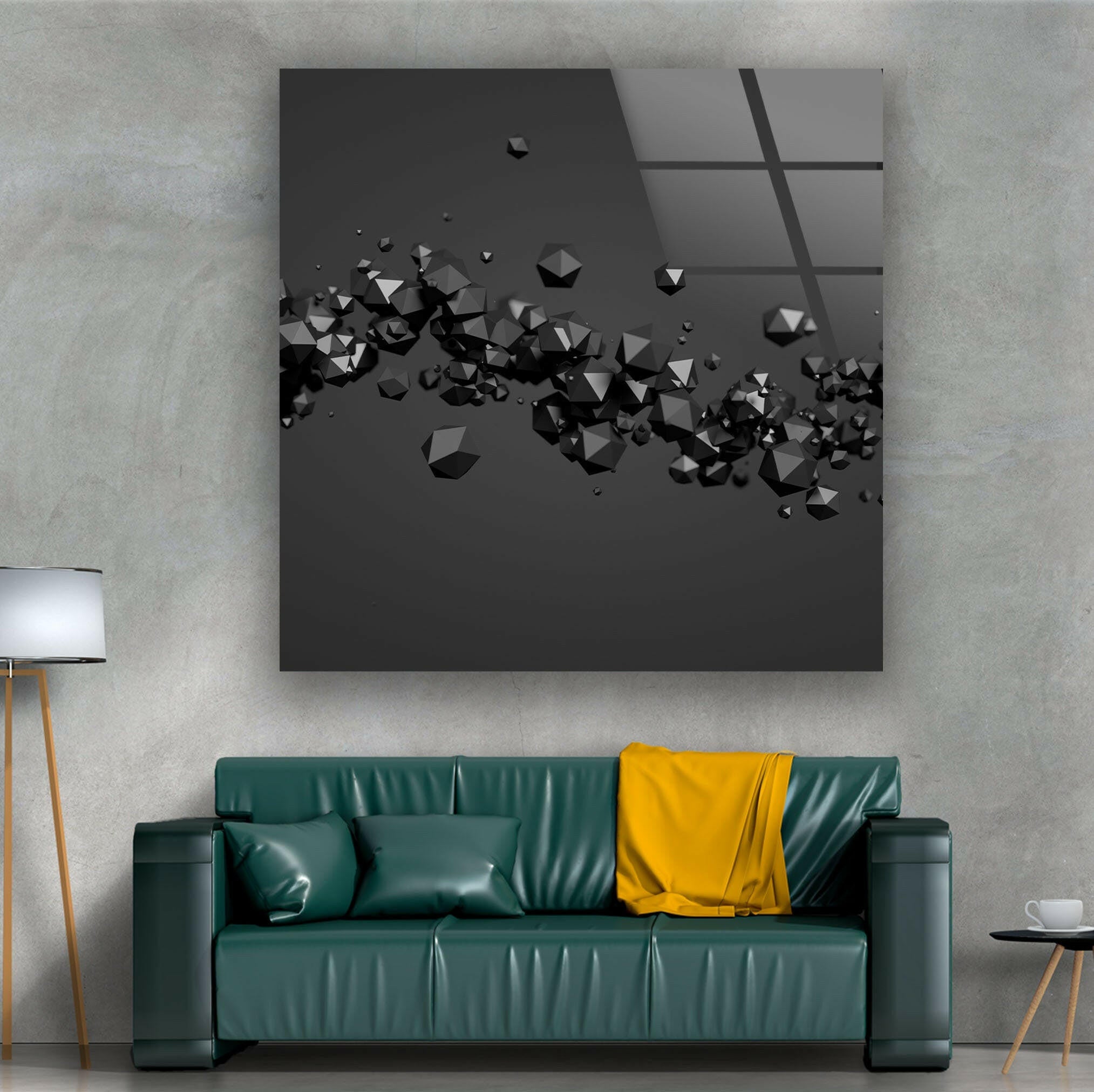 3D Abstract Diamond Glass Wall Art - Black Modern Home Decor for Living Room, Bedroom & Office