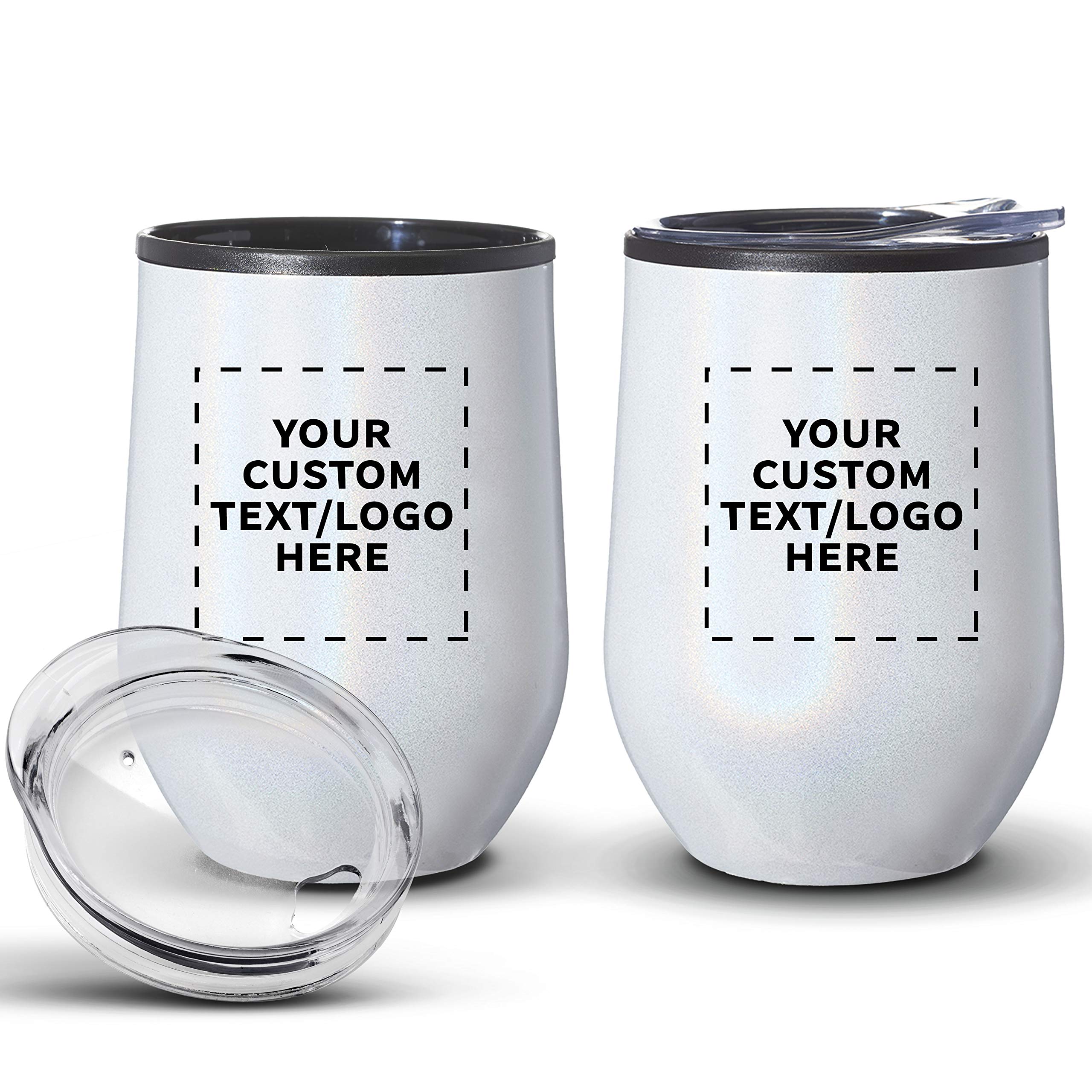 Custom Palmera Stemless Wine Tumblers with Lids - 12 oz Set of 12, Personalized Bulk Pack - Iridescent White - Perfect for Wine, Cocktails, Hot & Cold Beverages - Great for Parties, Weddings, Gifts & Home Entertaining