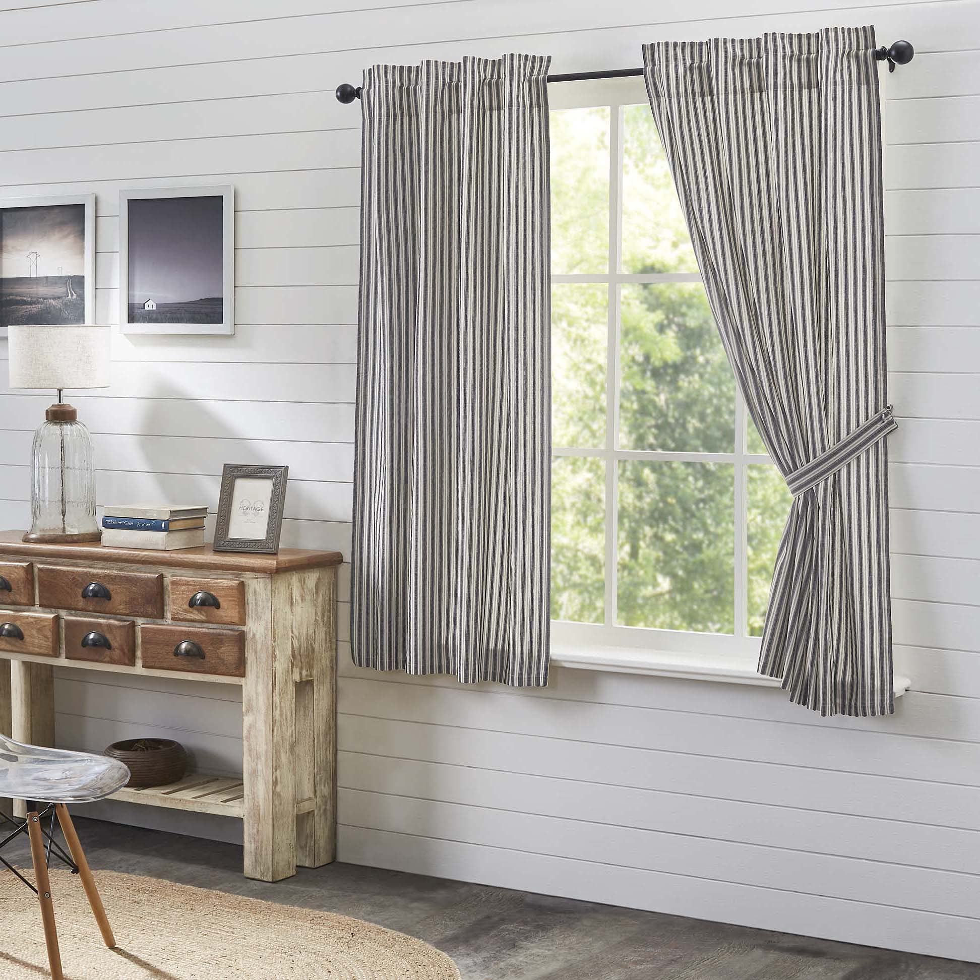 VHC Brands Ashmont Grey Ticking Stripe Farmhouse Short Panel Curtain Set - 63x36 Inches, Country Style Window Treatment for Living Room & Bedroom