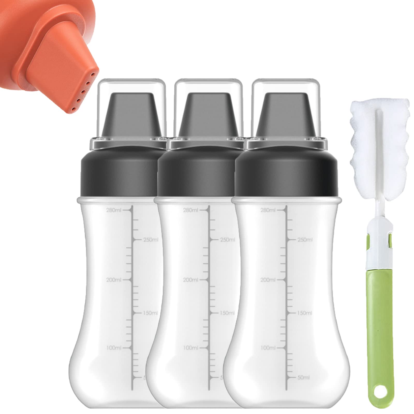 DENGWANG 12oz Condiment Squeeze Bottles (3-Pack Black) - Leak-Proof Ketchup, BBQ & Sauce Dispenser with Measurement Marks - Perfect for Restaurants, Catering & Home Kitchen Use