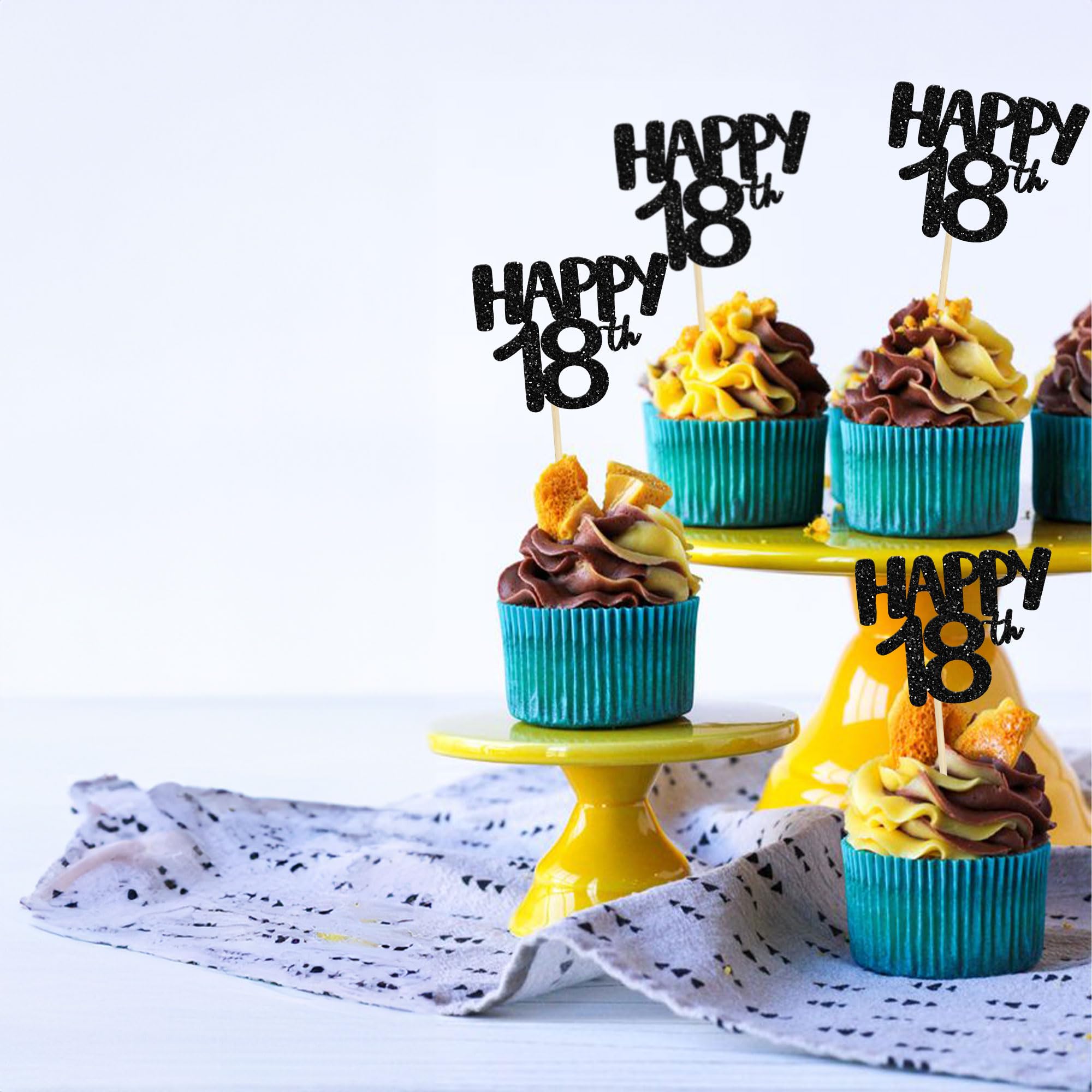 24Pcs Happy 18th Birthday Cupcake Toppers - Black Gold Cake Decorations for 18th Anniversary Party Supplies | Perfect for Teen Birthday Celebrations, Graduation Parties & Milestone Events