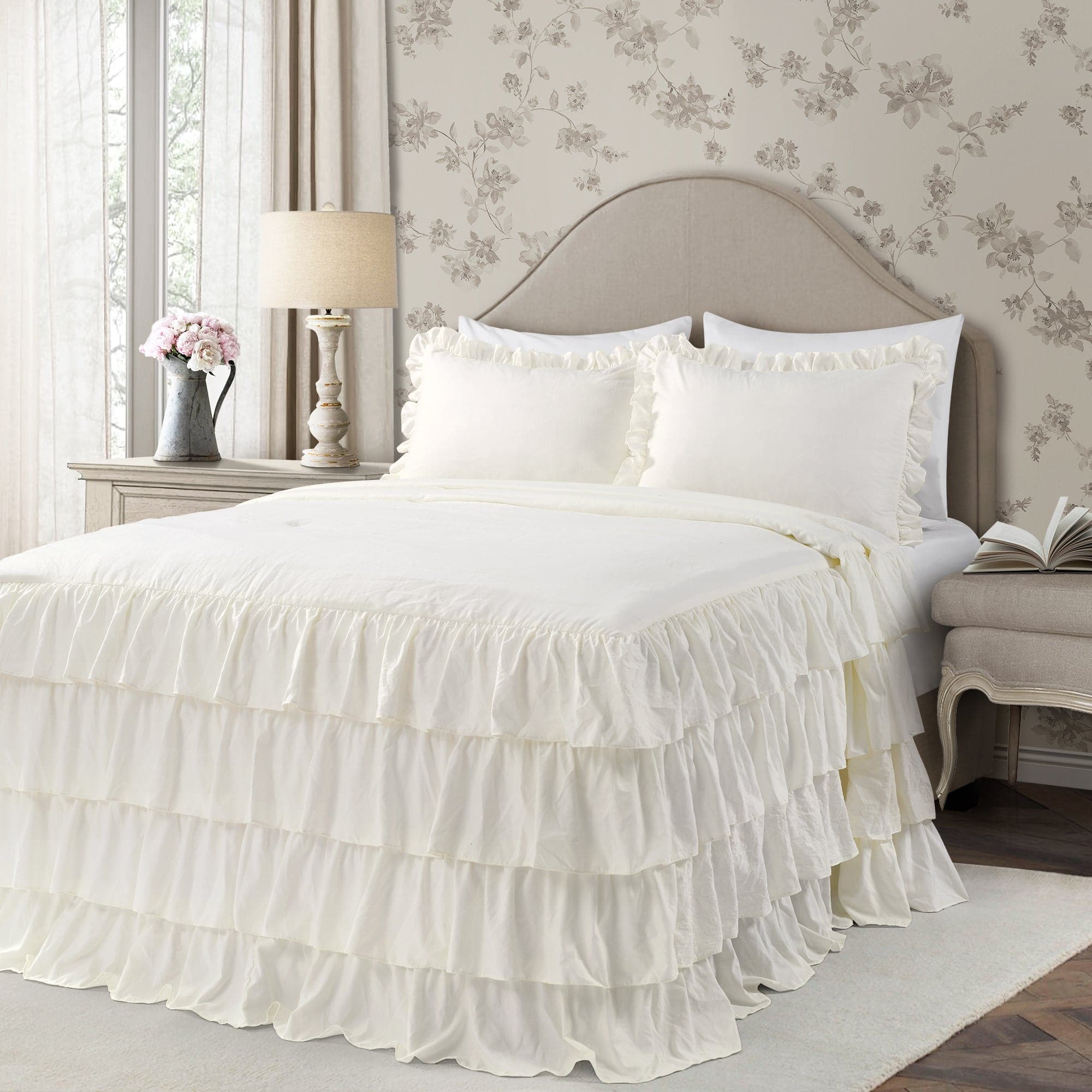 Allison Ruffle Skirt Bedspread Set - Elegant Floral Printed Queen Size Bedding with Ruffled Skirt | Perfect for Master Bedroom, Guest Room & Vacation Home Decor