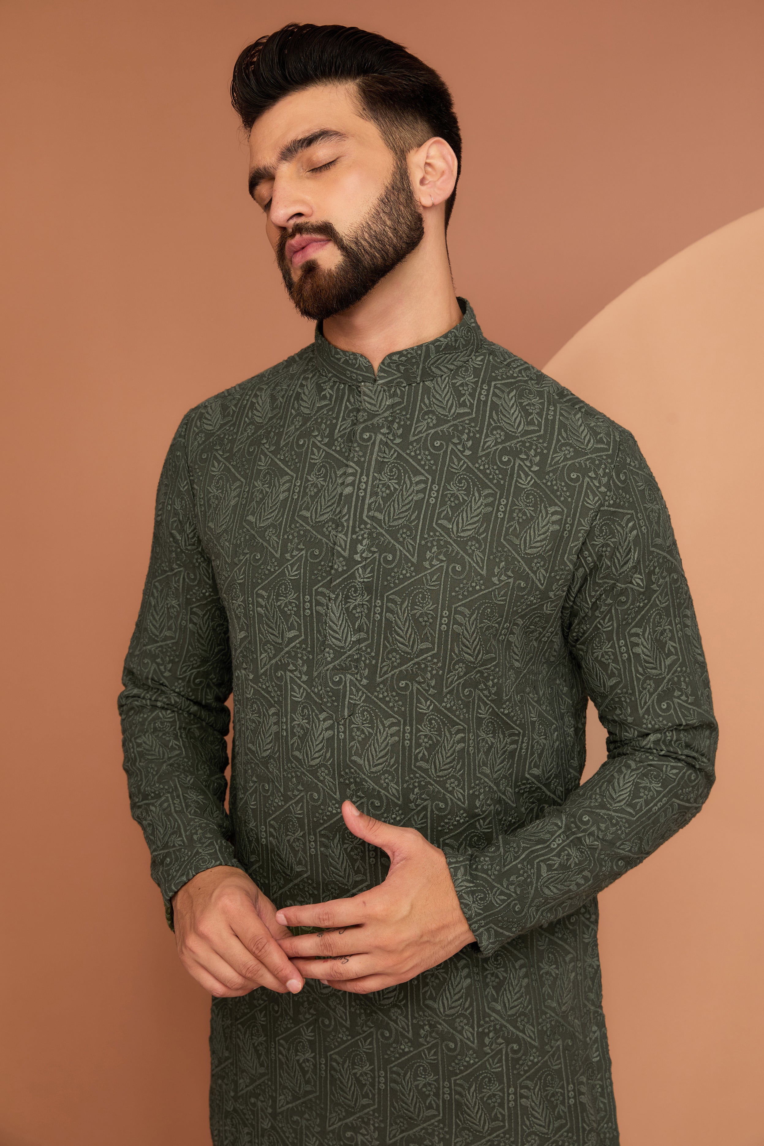 Stylish Military Green Chikankari Kurta with Paisley Embroidery – Perfect for Ethnic Wear, Festivals & Special Occasions