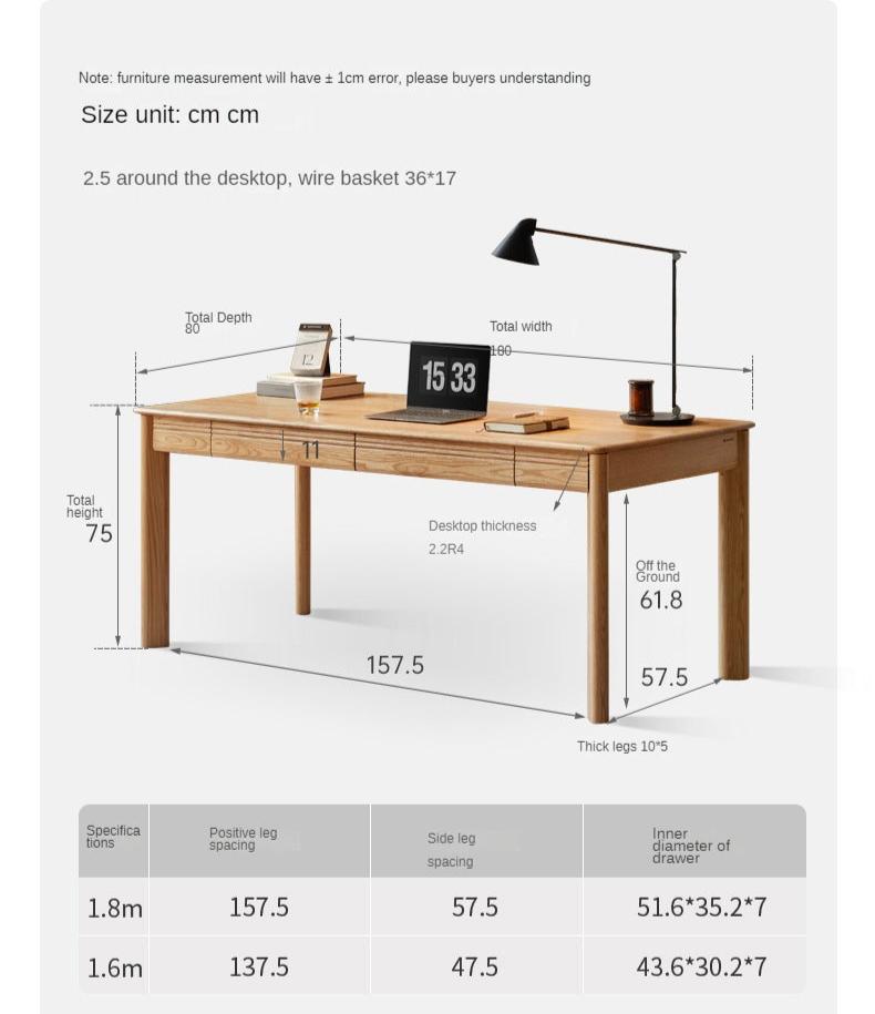 Solid Oak Wood Office Desk - 60 Inch Long Executive Workstation for Home & Business Use | Durable & Stylish Writing Table for Study, Work, or Conference Room