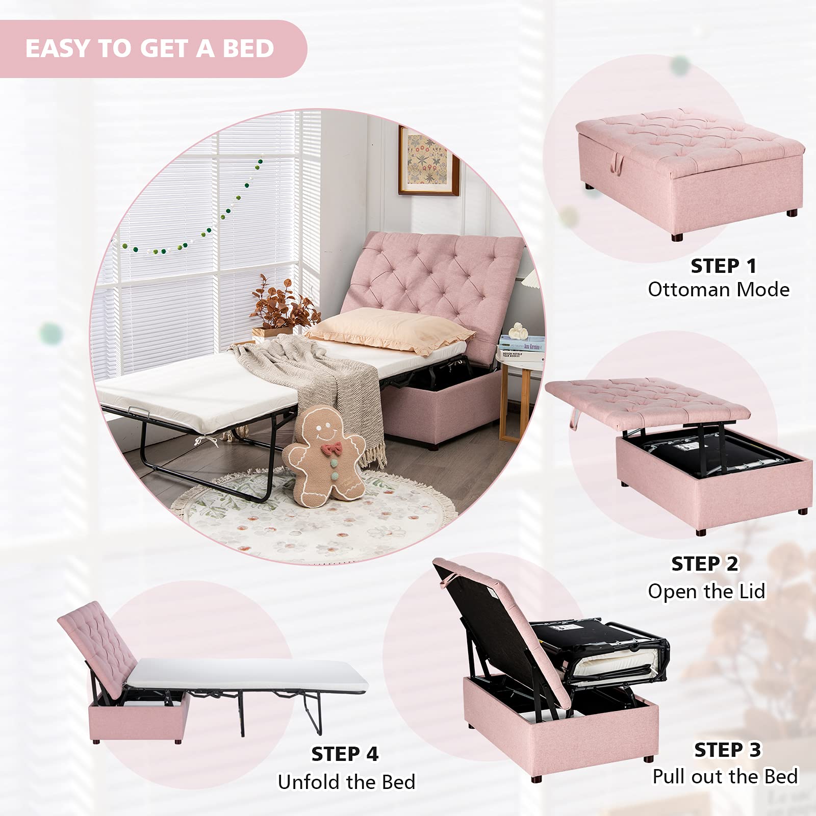 Giantex Ottoman Folding Bed with Mattress - Convertible Chair to Sofa Bed, Steel Frame Sleeper Couch for Guest & Lounge - Dual Use Living Room, Bedroom & Office Furniture (Pink) | Perfect for Small Spaces, Overnight Guests & Multi-Functional Home Decor