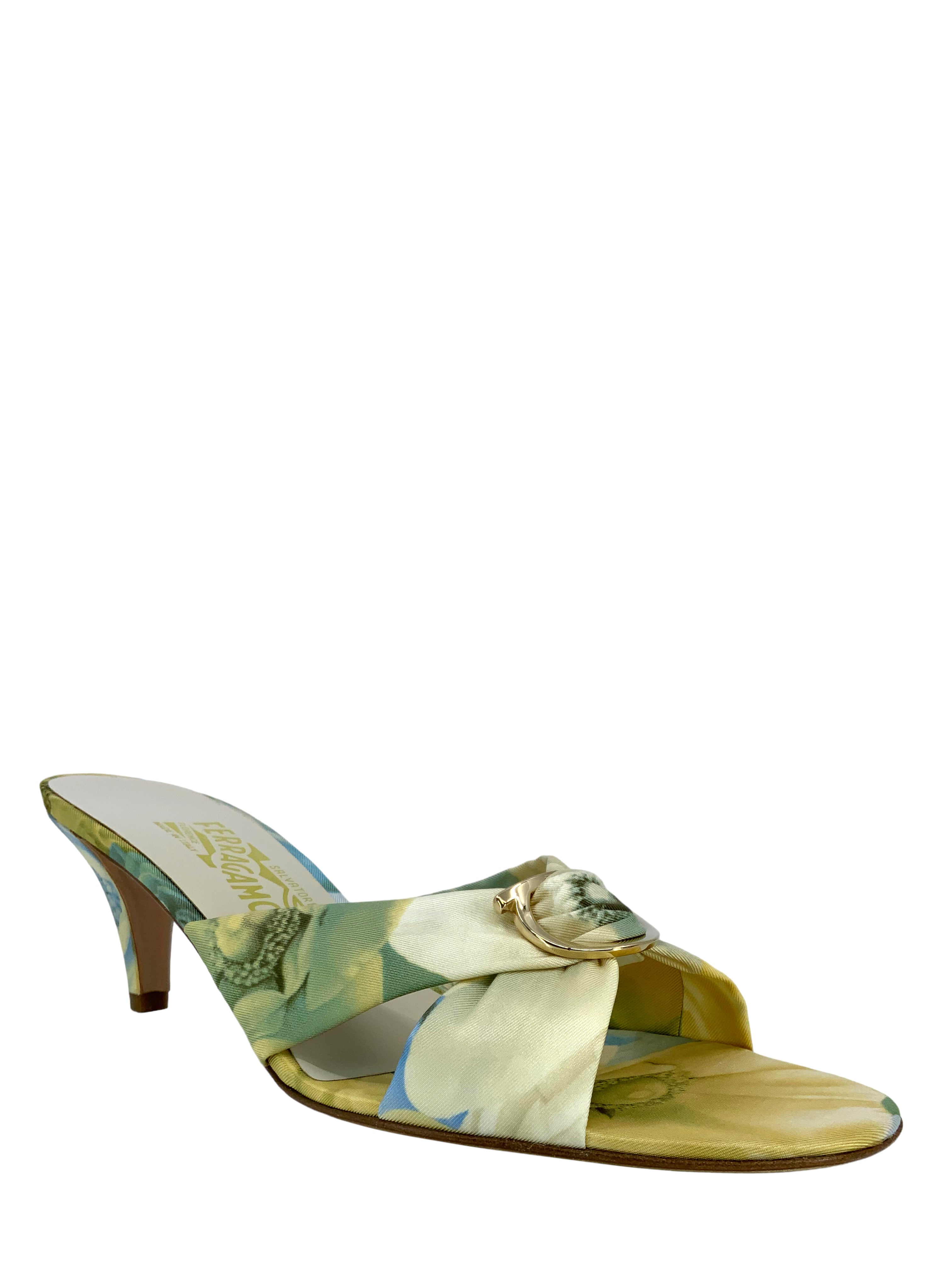 Salvatore Ferragamo Women's Floral Printed Silk Sandals Size 9.5 - Luxury Designer Summer Sandals for Weddings, Parties & Beach Vacations