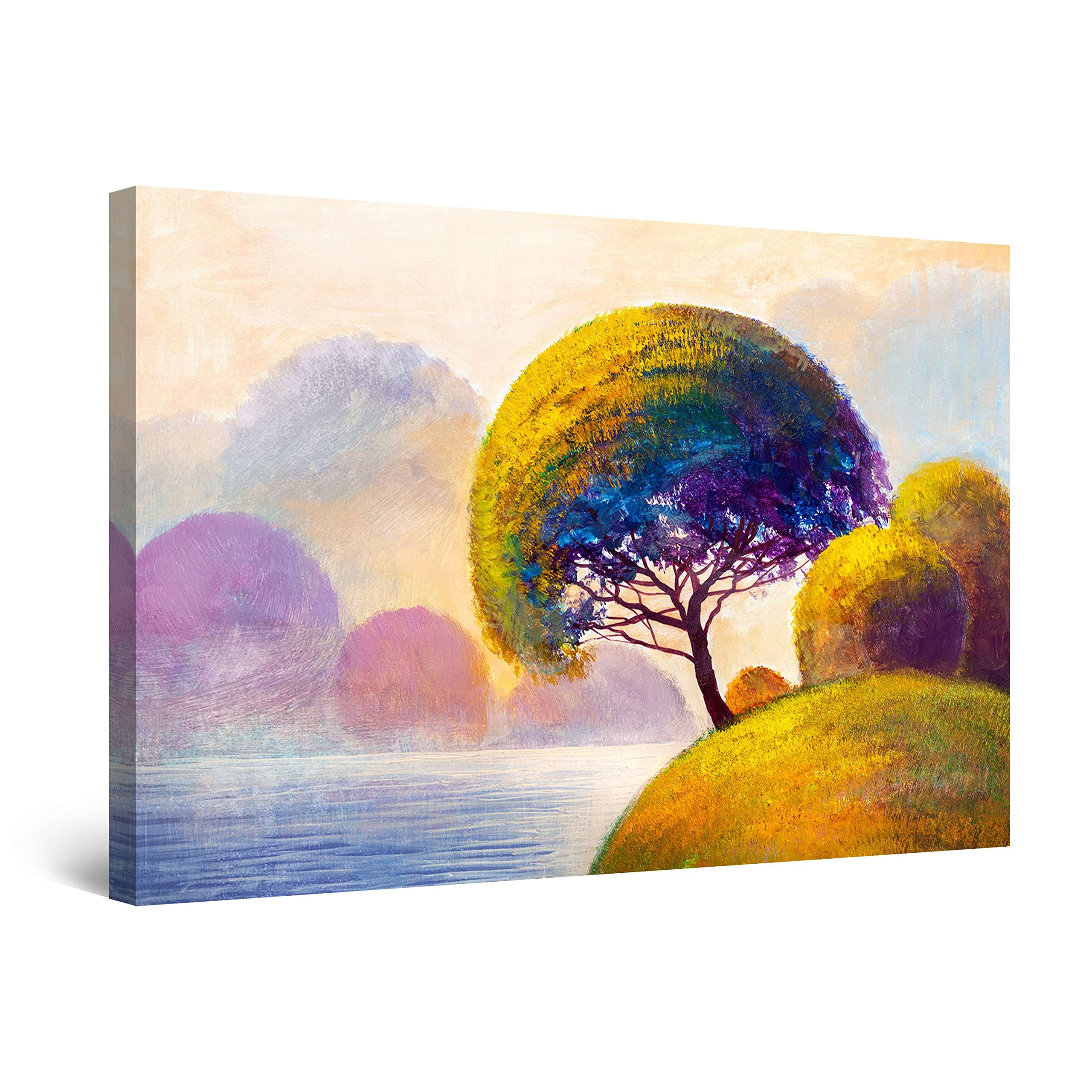 Modern Canvas Wall Art - Green Trees & Water Landscape Painting Stretched Print - Ready to Hang Home Decor for Bedroom, Living Room or Office - Unique Luminous Artwork 32x48 Inches - Perfect for Nature-Themed Interior Design & Relaxing Home Atmosphere