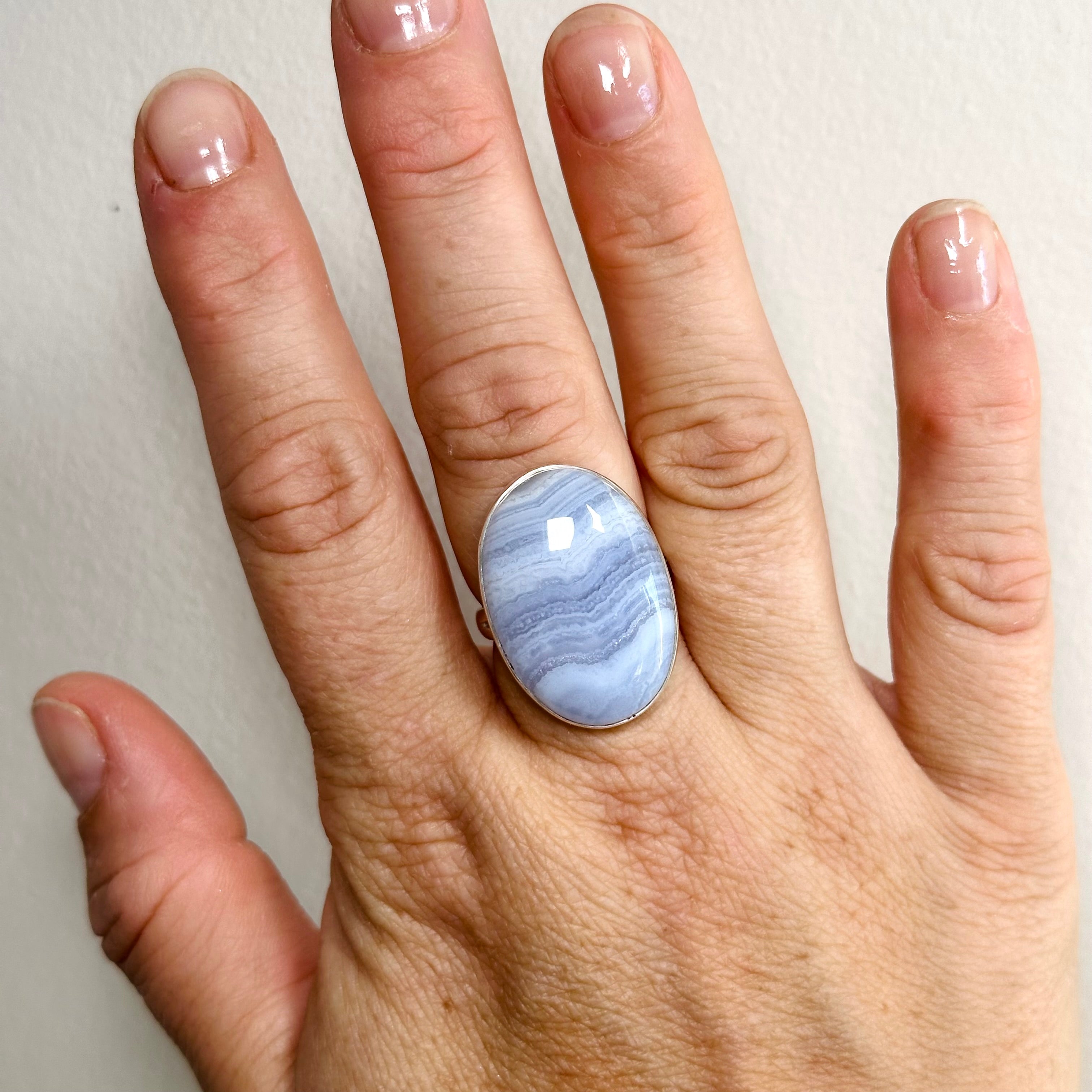 Blue Lace Agate Oval Cabochon Ring - Size 9 - Sterling Silver Handmade Jewelry - KRGJ3376 - Perfect for Boho Fashion, Wedding & Gift Giving