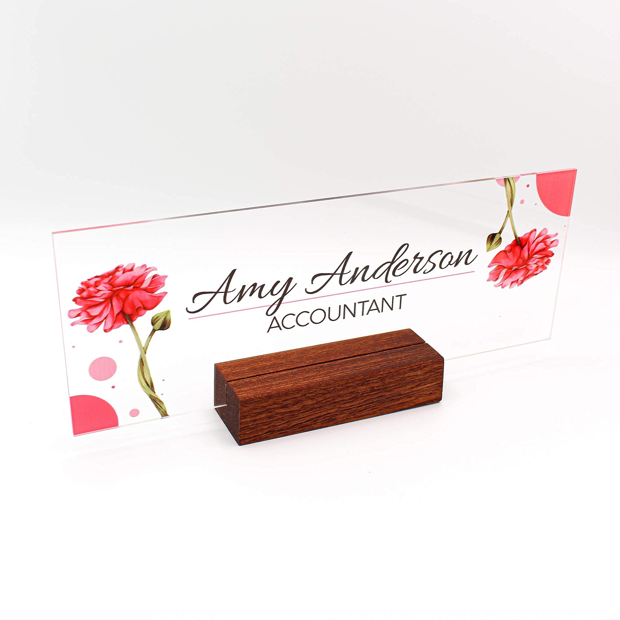 Custom Engraved Business Desk Name Plate - Personalized Office Name Sign with Pink Floral Design for Professional Workspaces & Home Offices