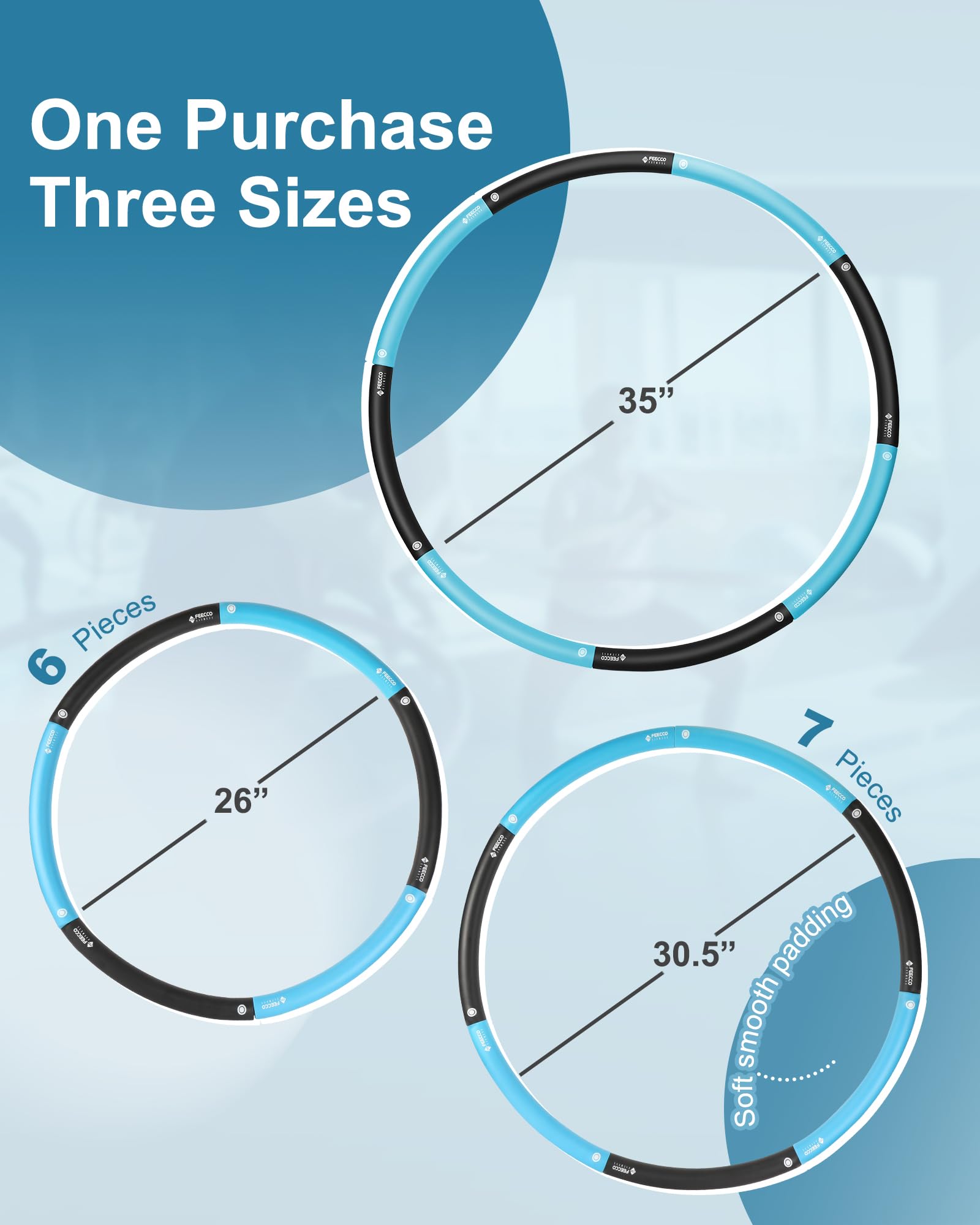 FEECCO Weighted Fitness Hula Hoop - 8 Detachable Sections for Weight Loss & Core Workout - Perfect for Home Gym, Outdoor Exercise & Toning Abs, Waist, Hips - Adjustable Weight for Beginners & Advanced Users