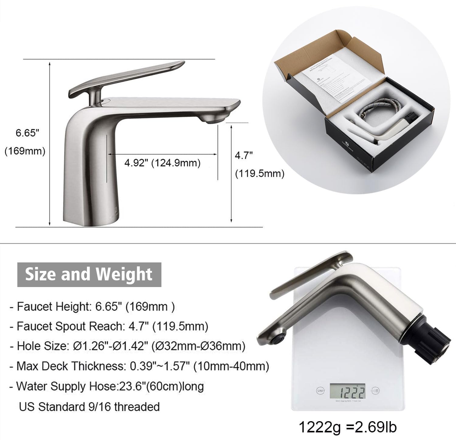 Premium Brushed Nickel Single Handle Bathroom Faucet - 1 Hole Modern Sink Mixer Tap with Brass Construction & Supply Hoses - Perfect for Vanity, Guest Bath & Powder Room Upgrades