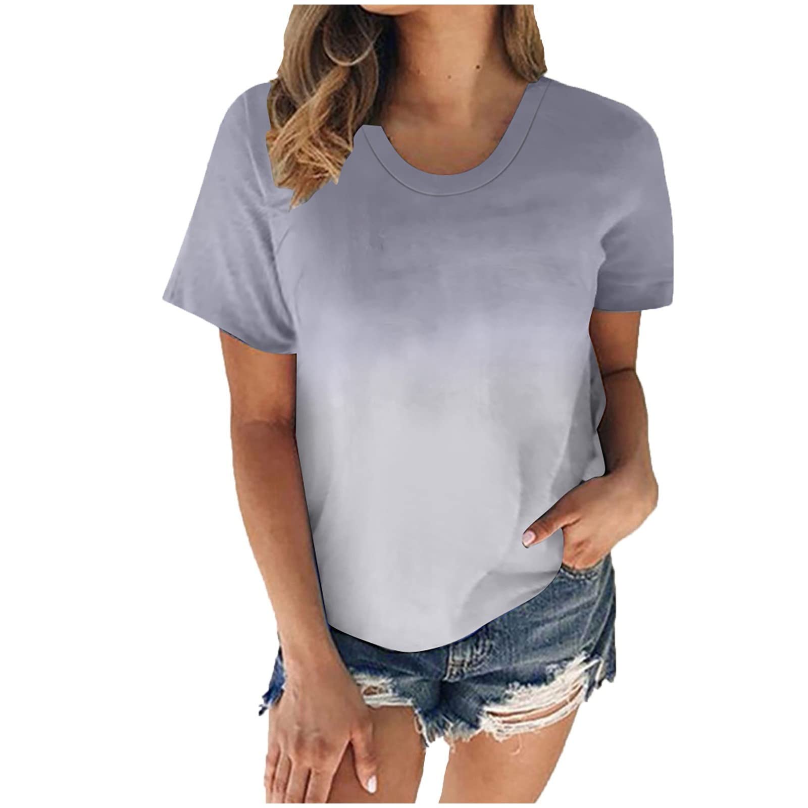 Women's Gradient Crewneck T-Shirt - Short Sleeve Casual Summer Tee - Loose Fit Fashion Top for Everyday Wear, Outings & Beach Days