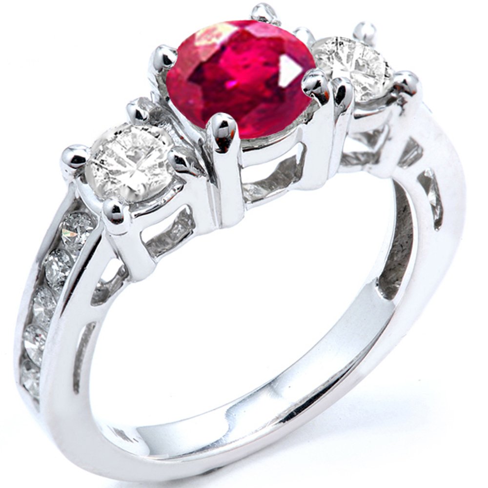 18K Solid White Gold Round Ruby & White Diamond Women's Bridal Engagement Ring - Dazzlingrock Collection | Perfect for Proposals, Weddings & Anniversary Gifts