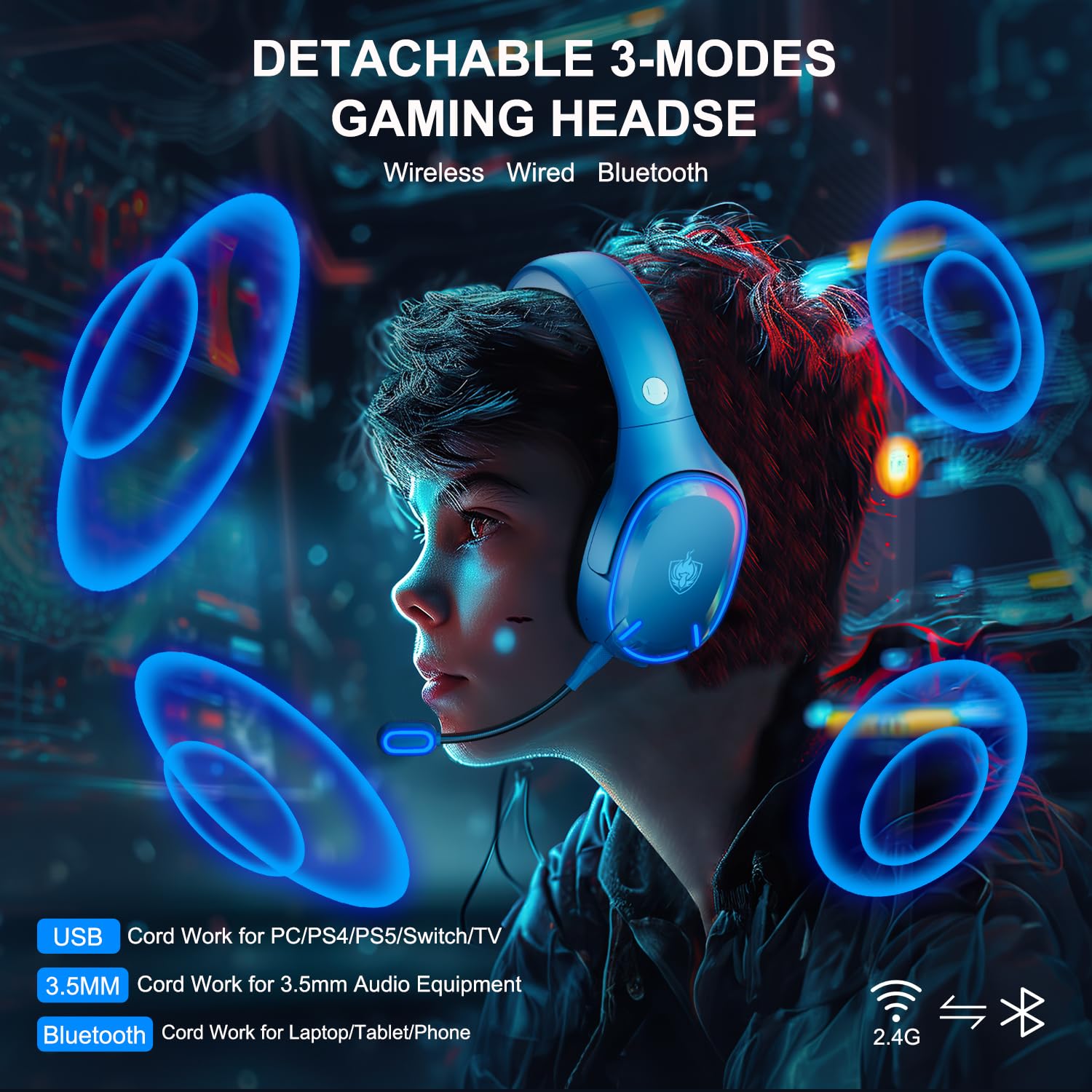 PHOINIKAS Wireless Bluetooth Gaming Headset with Dual Chip - Bluetooth 5.3 for Phone/Computer & 2.4GHz Dongle for PC/PS4/PS5/Nintendo Switch/TV - Noise Cancelling Mic, 30H Playtime, LED Lights - Perfect for Gaming, Work Calls & Entertainment